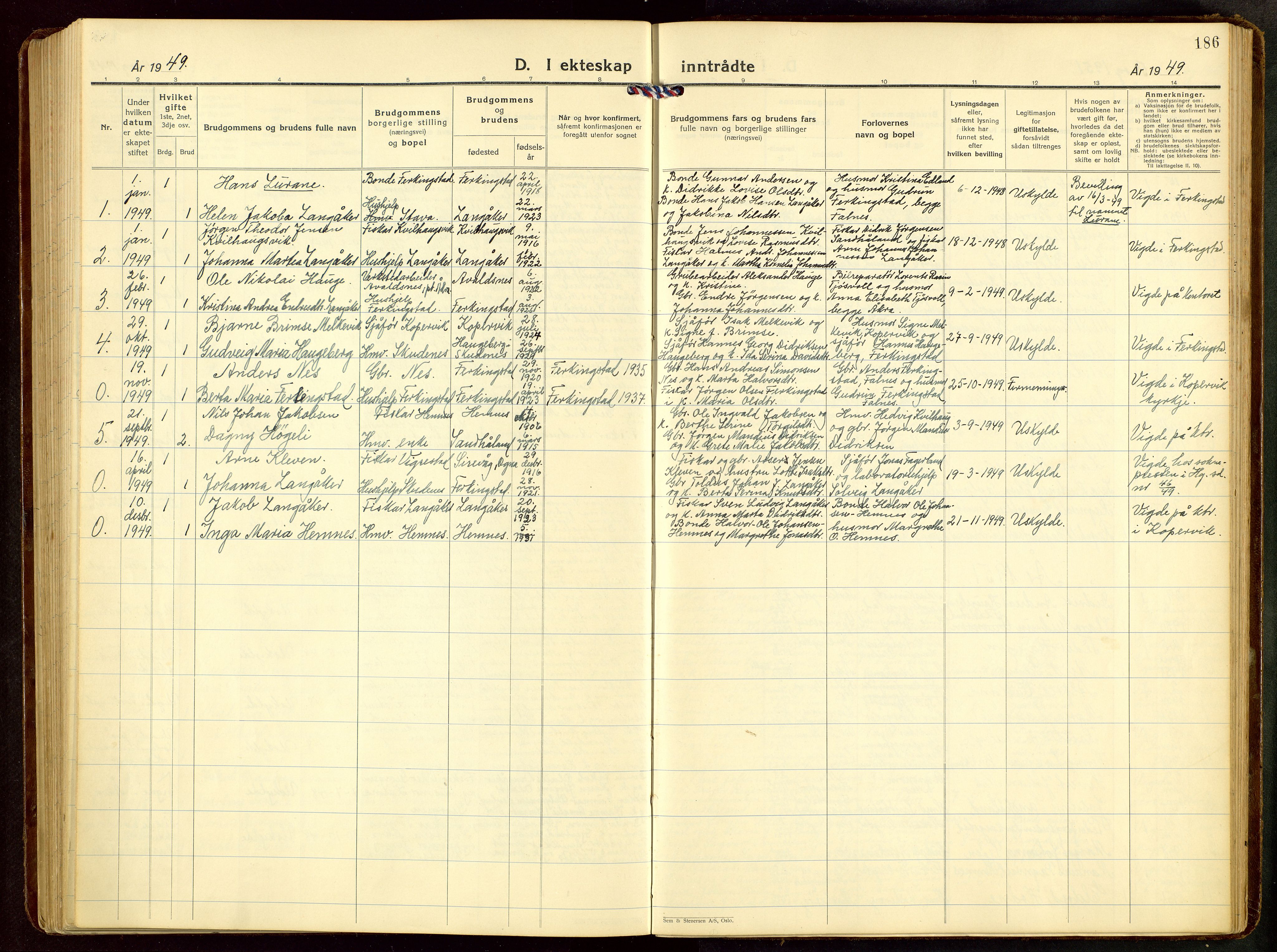 Skudenes sokneprestkontor, AV/SAST-A -101849/H/Ha/Hab/L0012: Parish register (copy) no. B 12, 1936-1968, p. 186