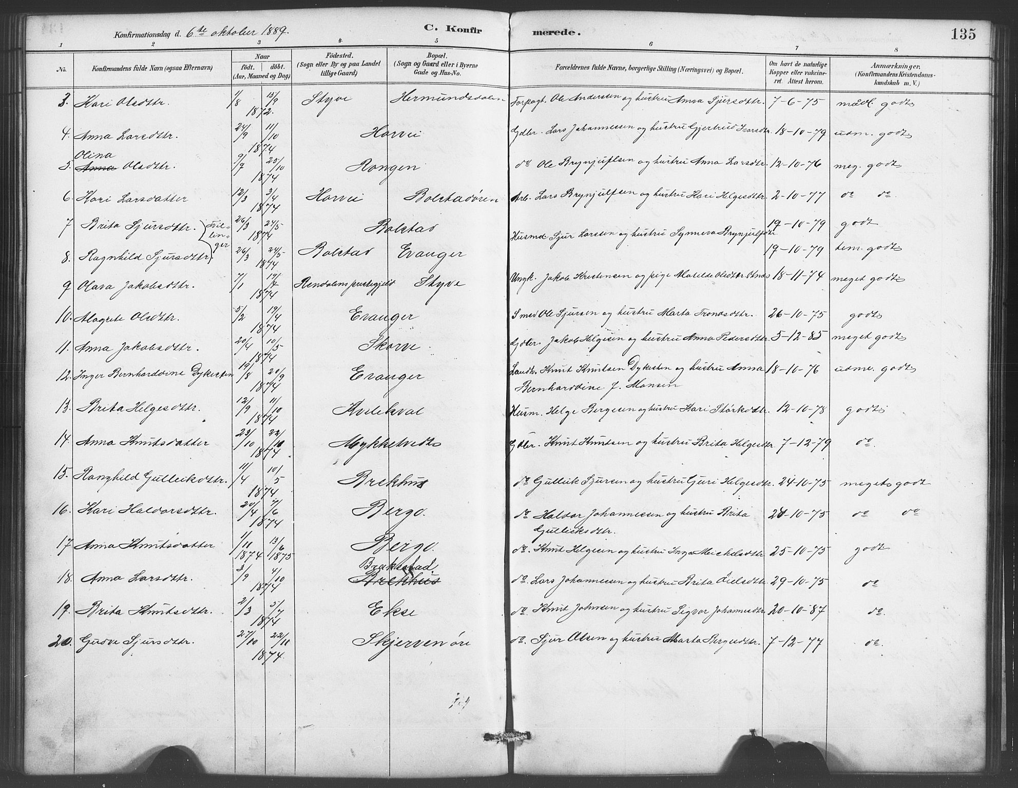 Evanger sokneprestembete, SAB/A-99924: Parish register (copy) no. A 4, 1887-1897, p. 135