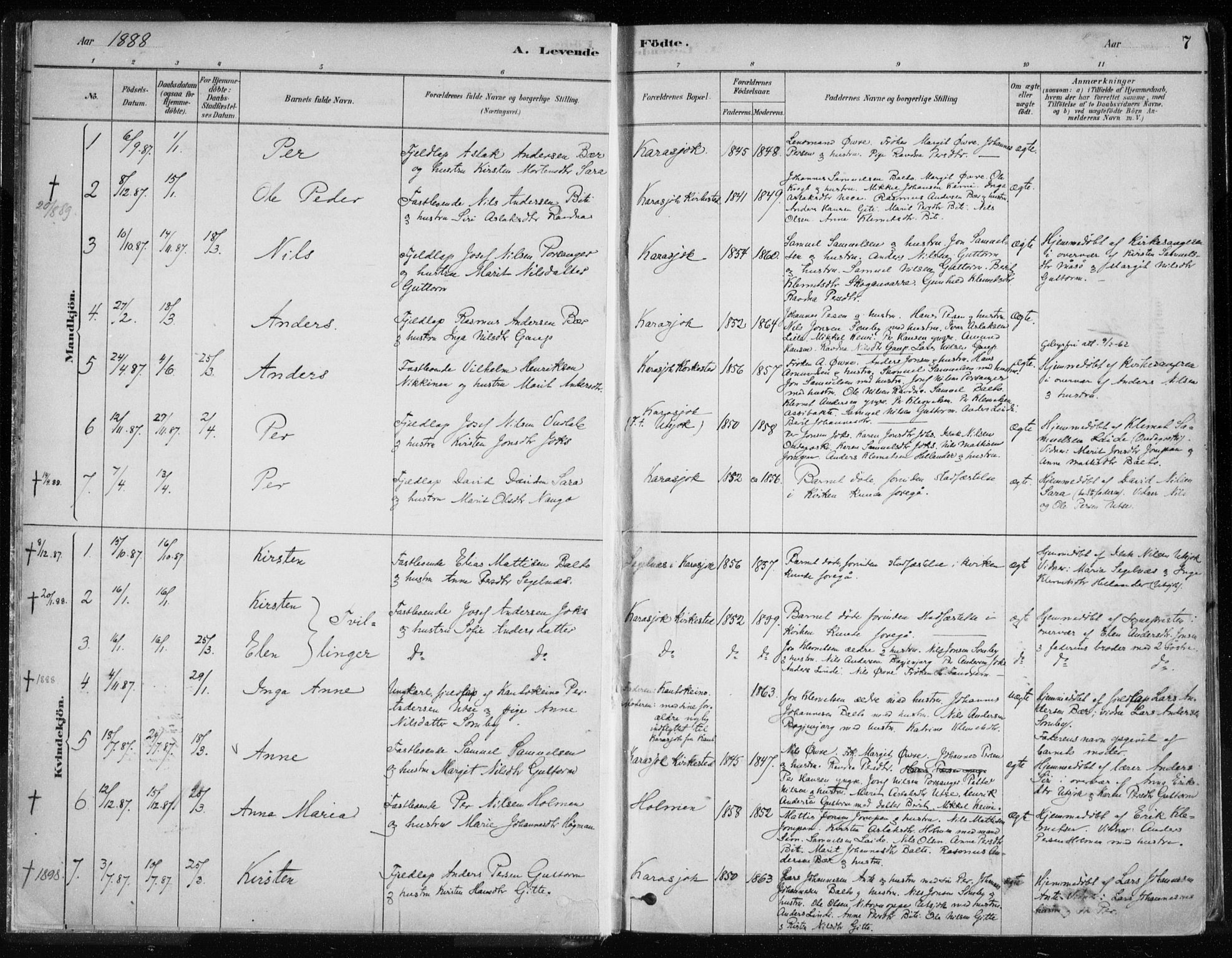 Karasjok sokneprestkontor, SATØ/S-1352/H/Ha/L0002kirke: Parish register (official) no. 2, 1885-1906, p. 7