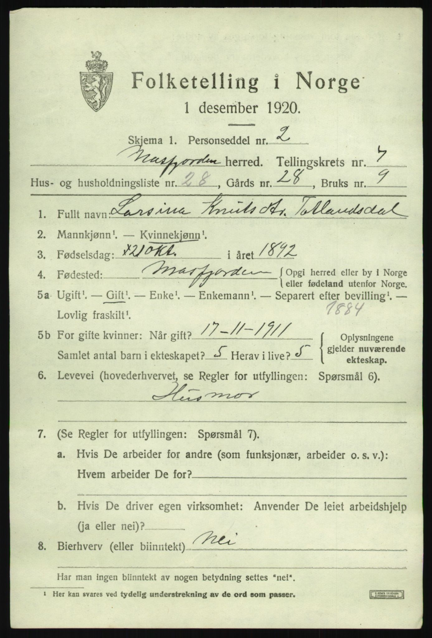 SAB, 1920 census for Masfjorden, 1920, p. 3057