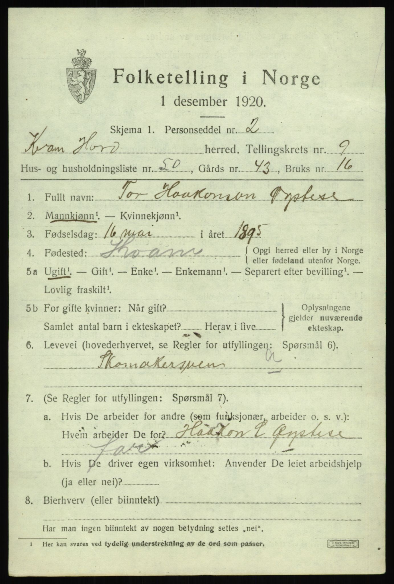 SAB, 1920 census for Kvam, 1920, p. 6315