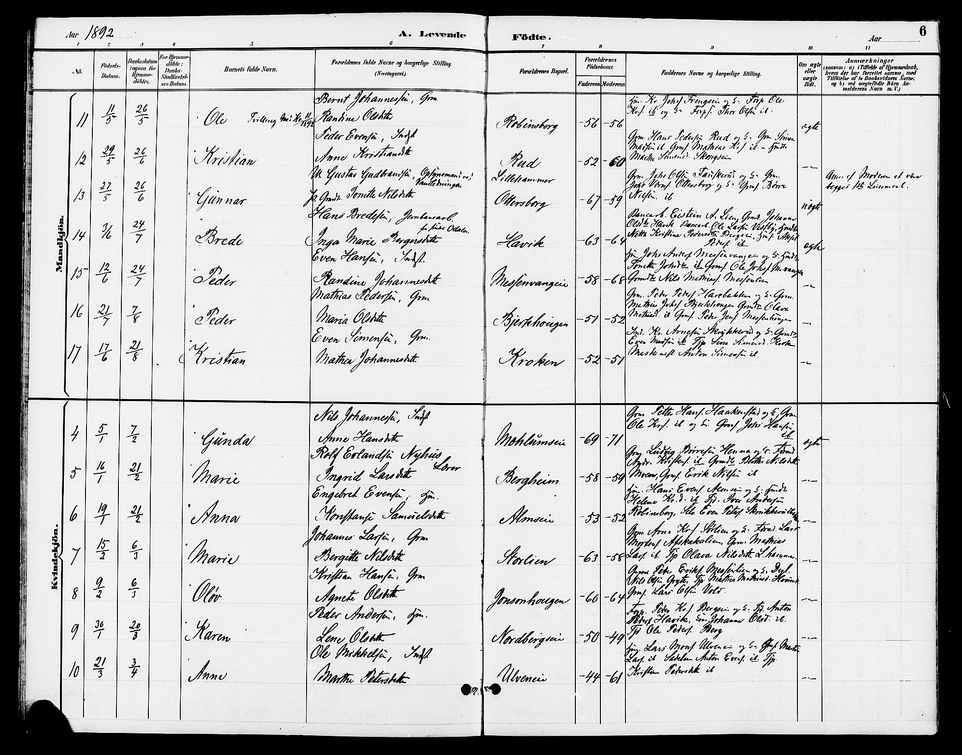 Ringsaker prestekontor, AV/SAH-PREST-014/L/La/L0013: Parish register (copy) no. 13, 1891-1904, p. 6