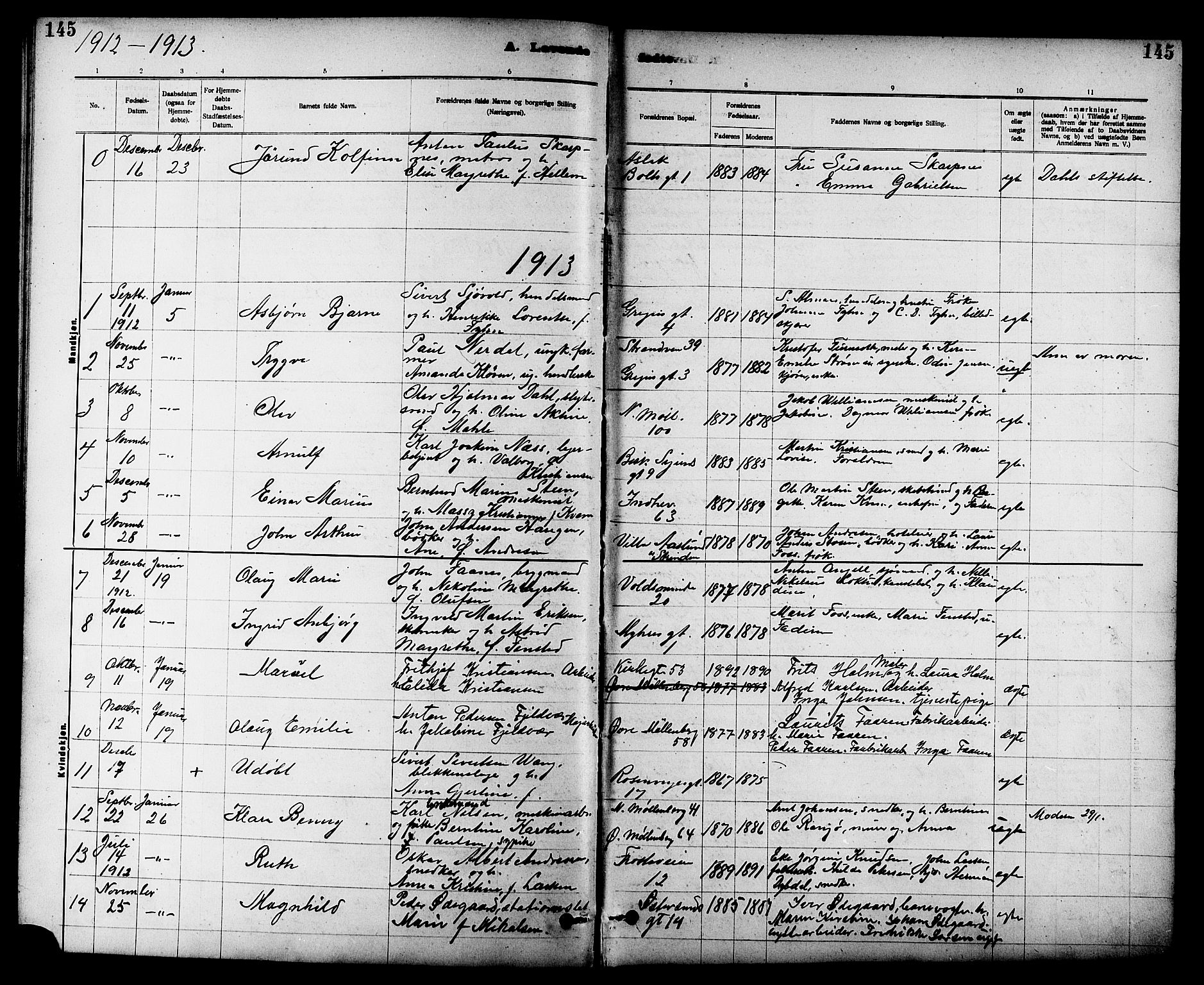 Ministerialprotokoller, klokkerbøker og fødselsregistre - Sør-Trøndelag, SAT/A-1456/605/L0254: Parish register (copy) no. 605C01, 1908-1916, p. 145