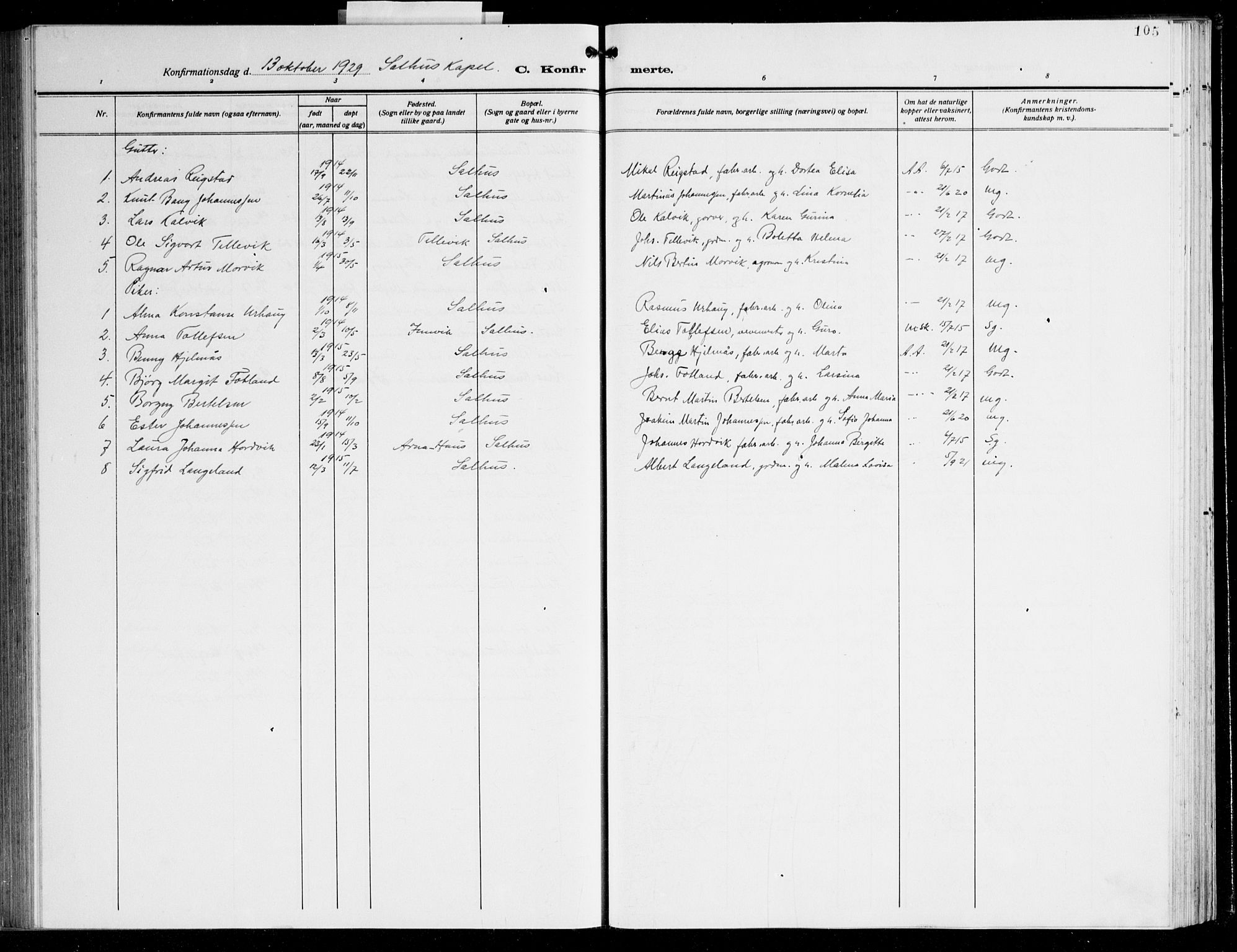 Åsane sokneprestembete, SAB/A-79401/H/Hab: Parish register (copy) no. A 5, 1928-1943, p. 105