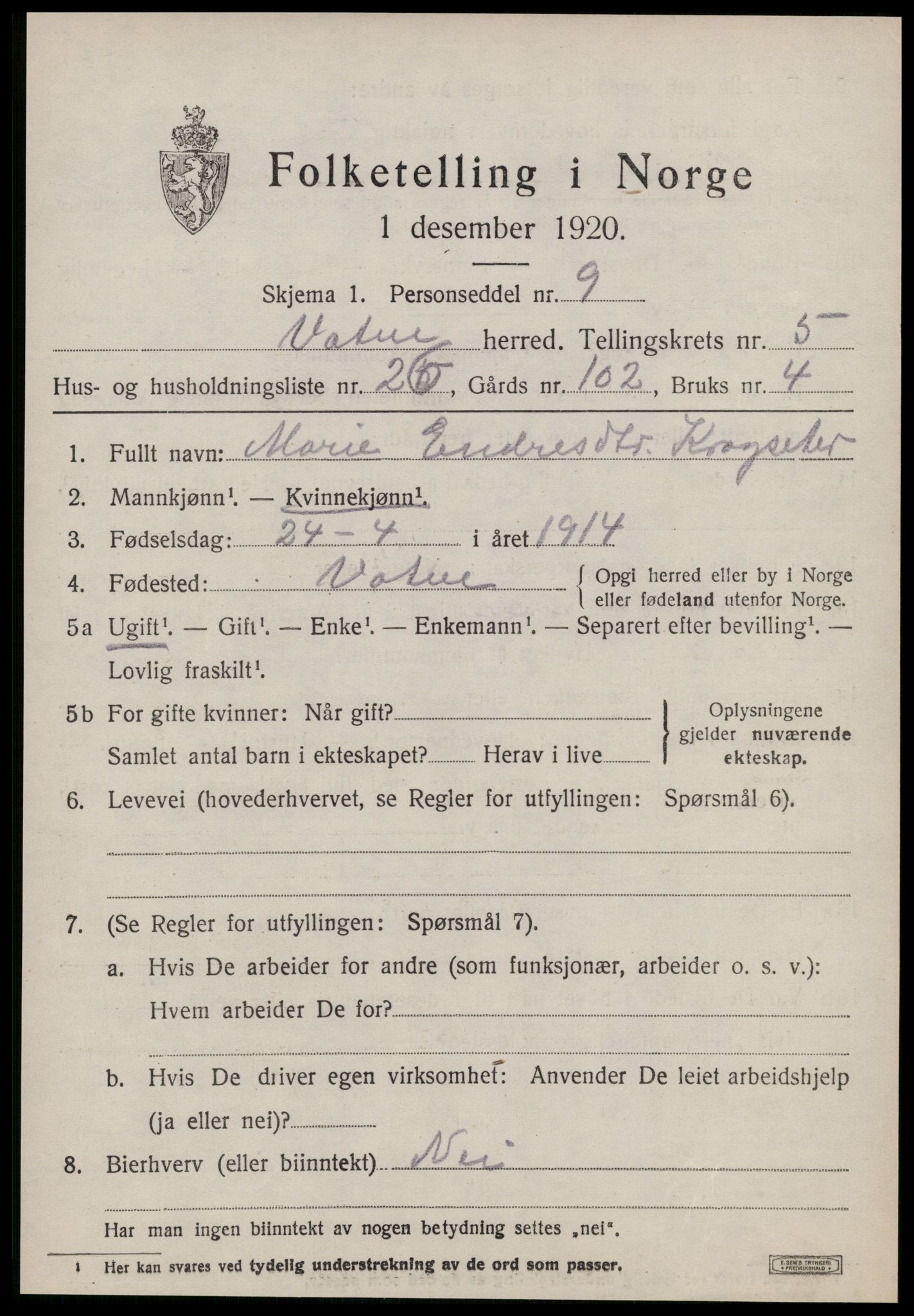 SAT, 1920 census for Vatne, 1920, p. 2538