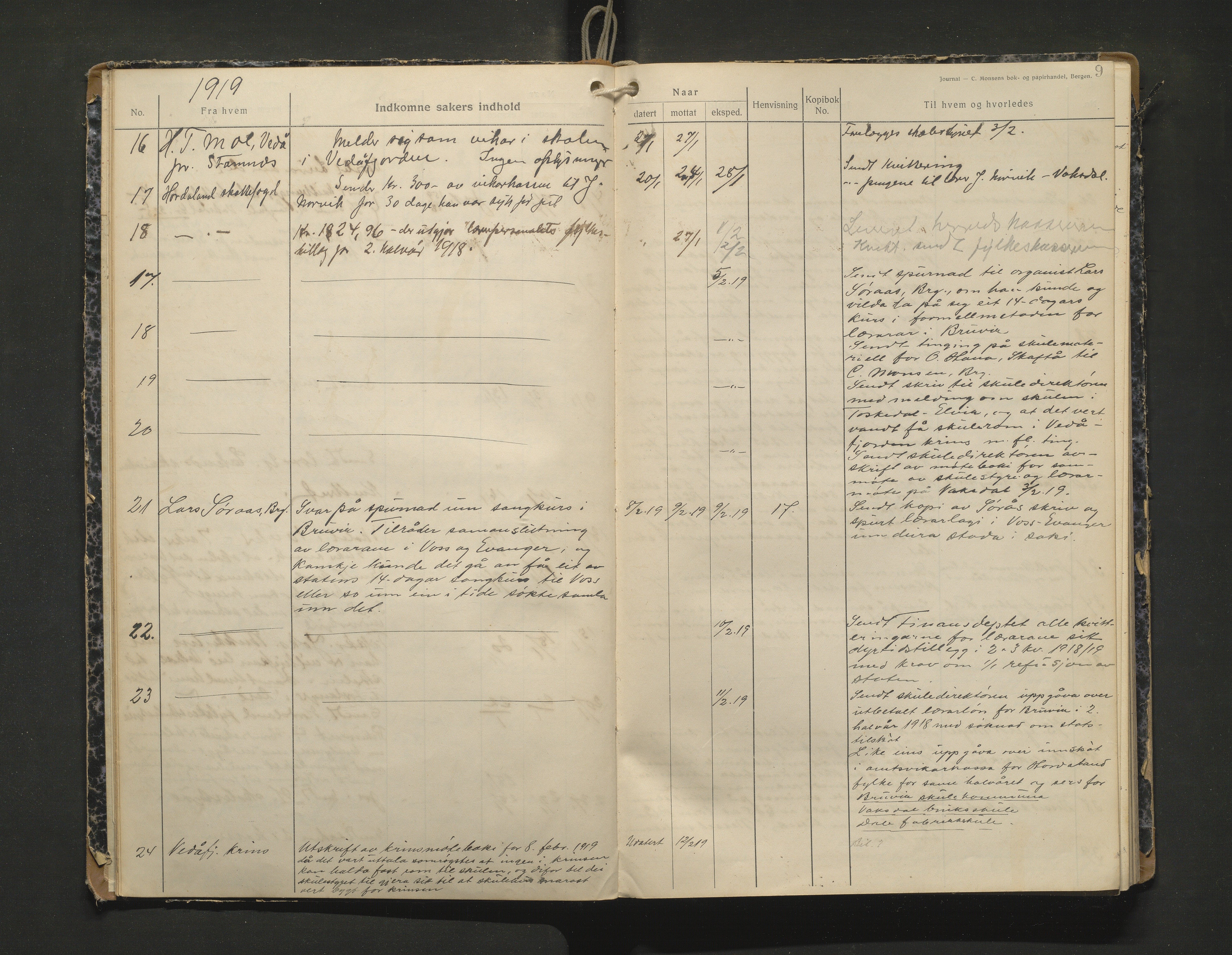 Bruvik kommune. Skulestyre, IKAH/1251a-211/C/Ca/L0003: Postjournal for Bruvik skulestyre, 1918-1920