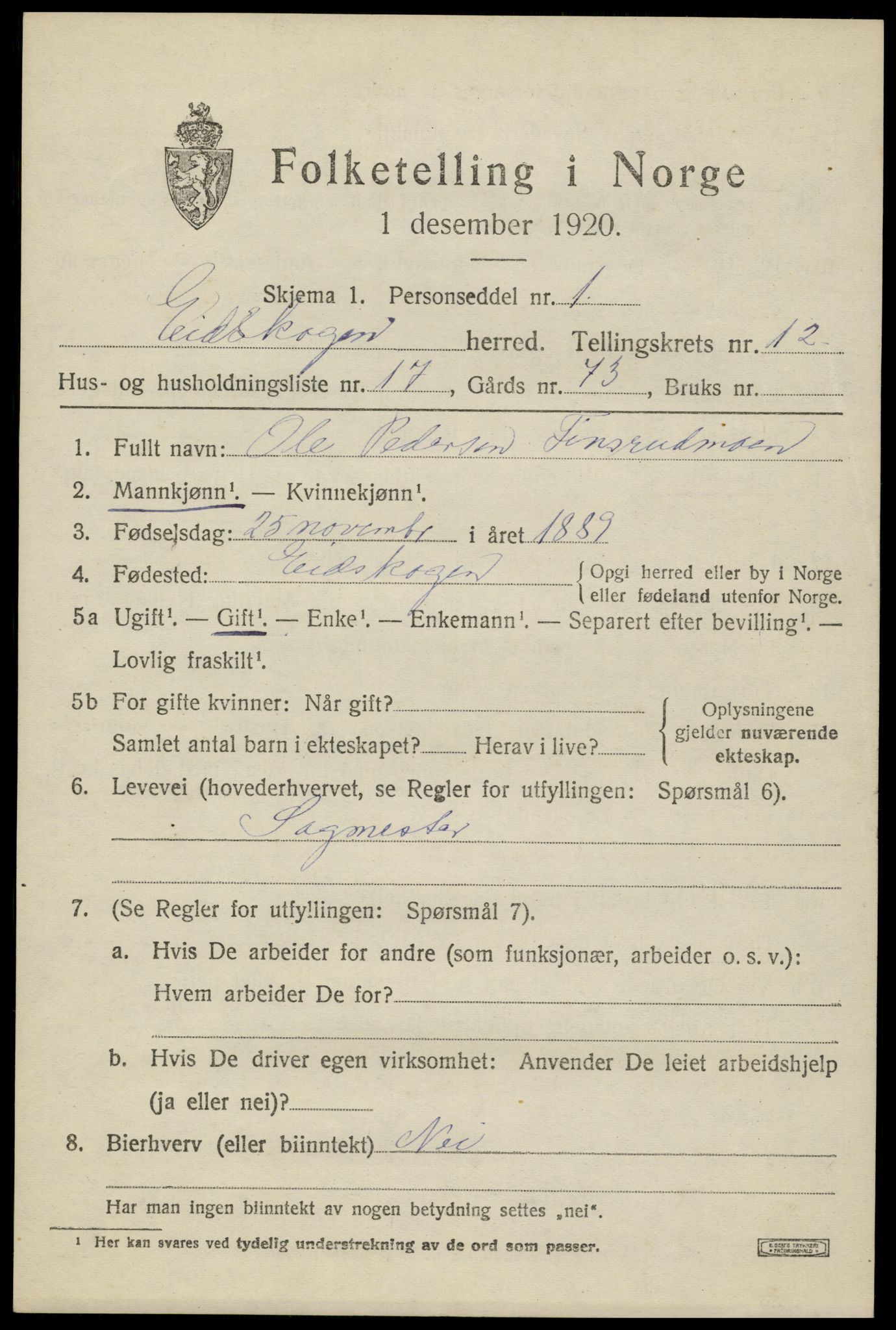 SAH, 1920 census for Eidskog, 1920, p. 11949