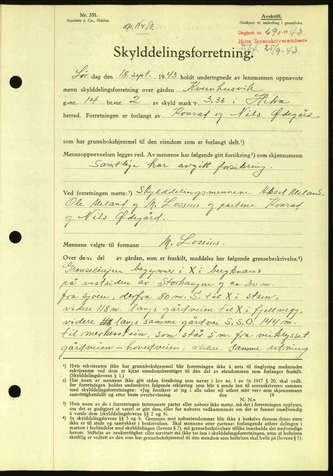 Hitra sorenskriveri, AV/SAT-A-0018/2/2C/2Ca: Mortgage book no. A2, 1943-1945, Diary no: : 690/1943