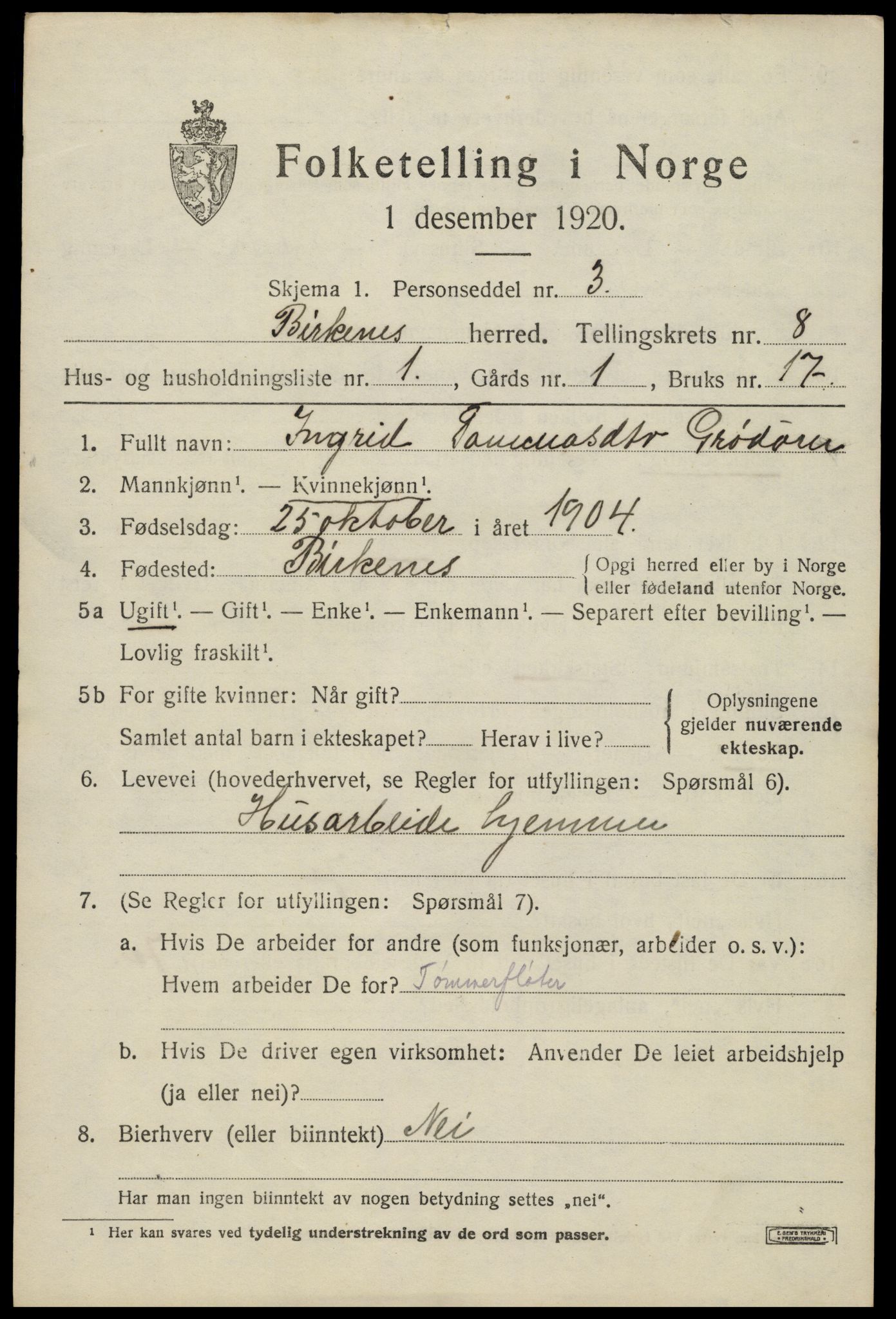 SAK, 1920 census for Birkenes, 1920, p. 4129