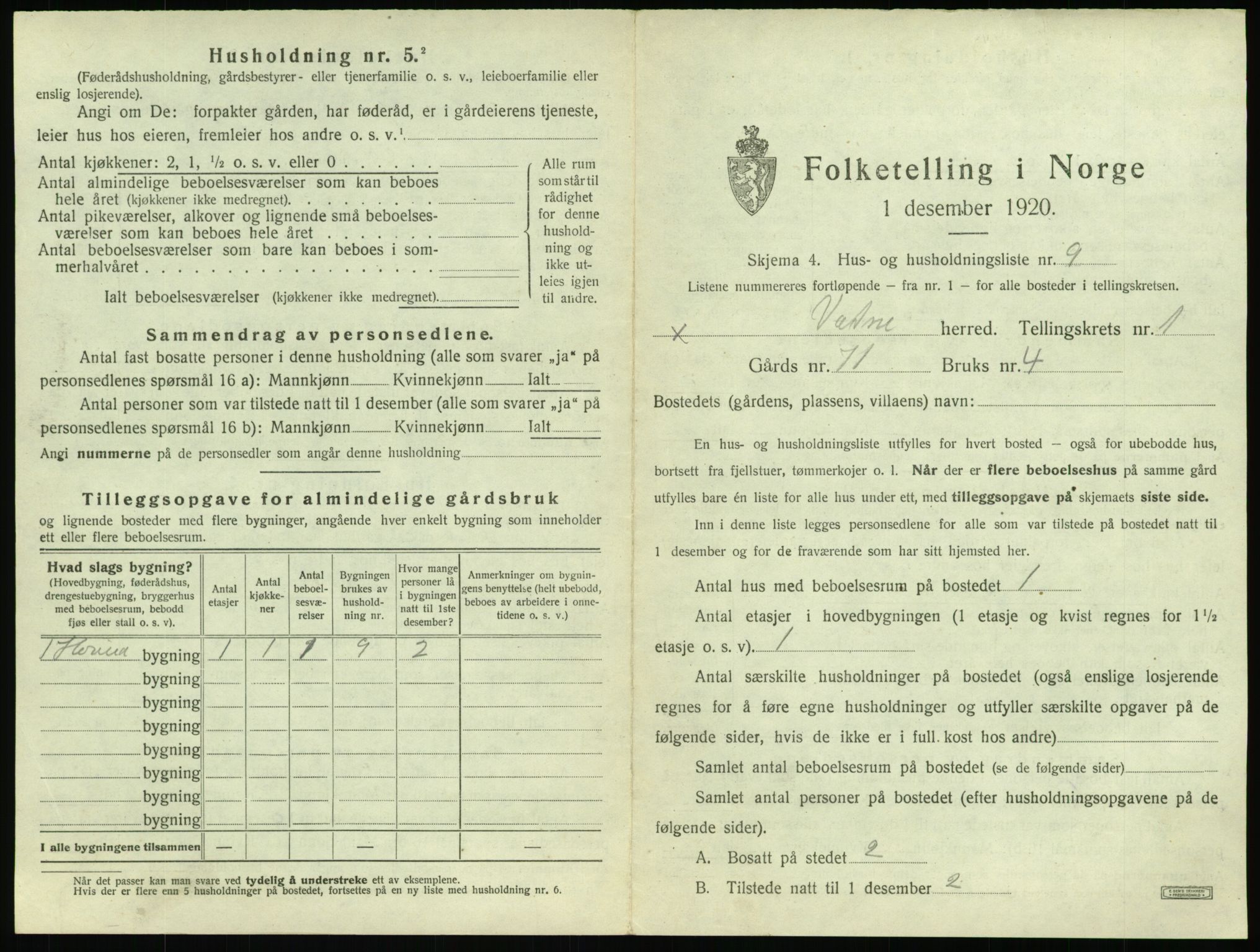 SAT, 1920 census for Vatne, 1920, p. 56
