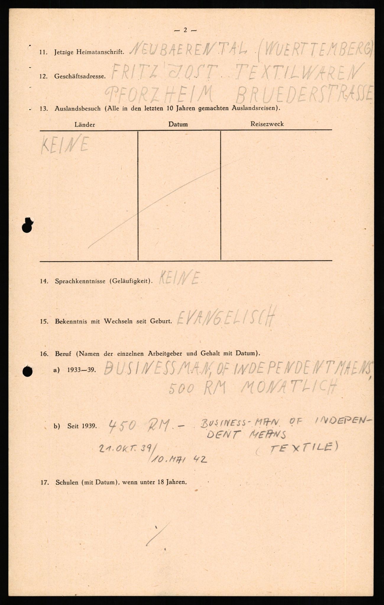 Forsvaret, Forsvarets overkommando II, RA/RAFA-3915/D/Db/L0015: CI Questionaires. Tyske okkupasjonsstyrker i Norge. Tyskere., 1945-1946, p. 160