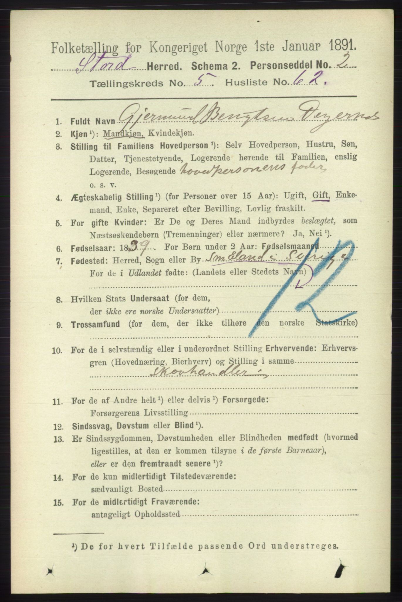 RA, 1891 census for 1221 Stord, 1891, p. 2006