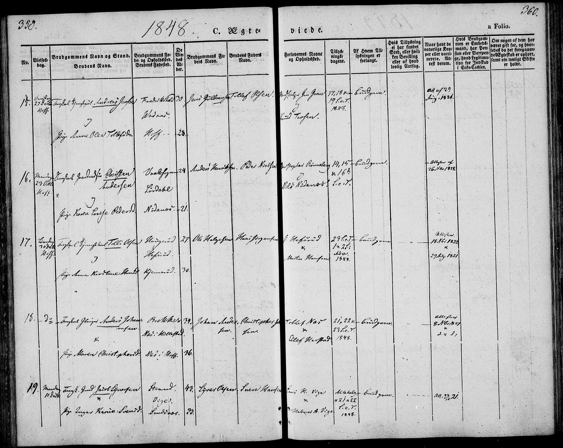 Hof kirkebøker, AV/SAKO-A-64/F/Fa/L0005: Parish register (official) no. I 5, 1844-1851, p. 359-360