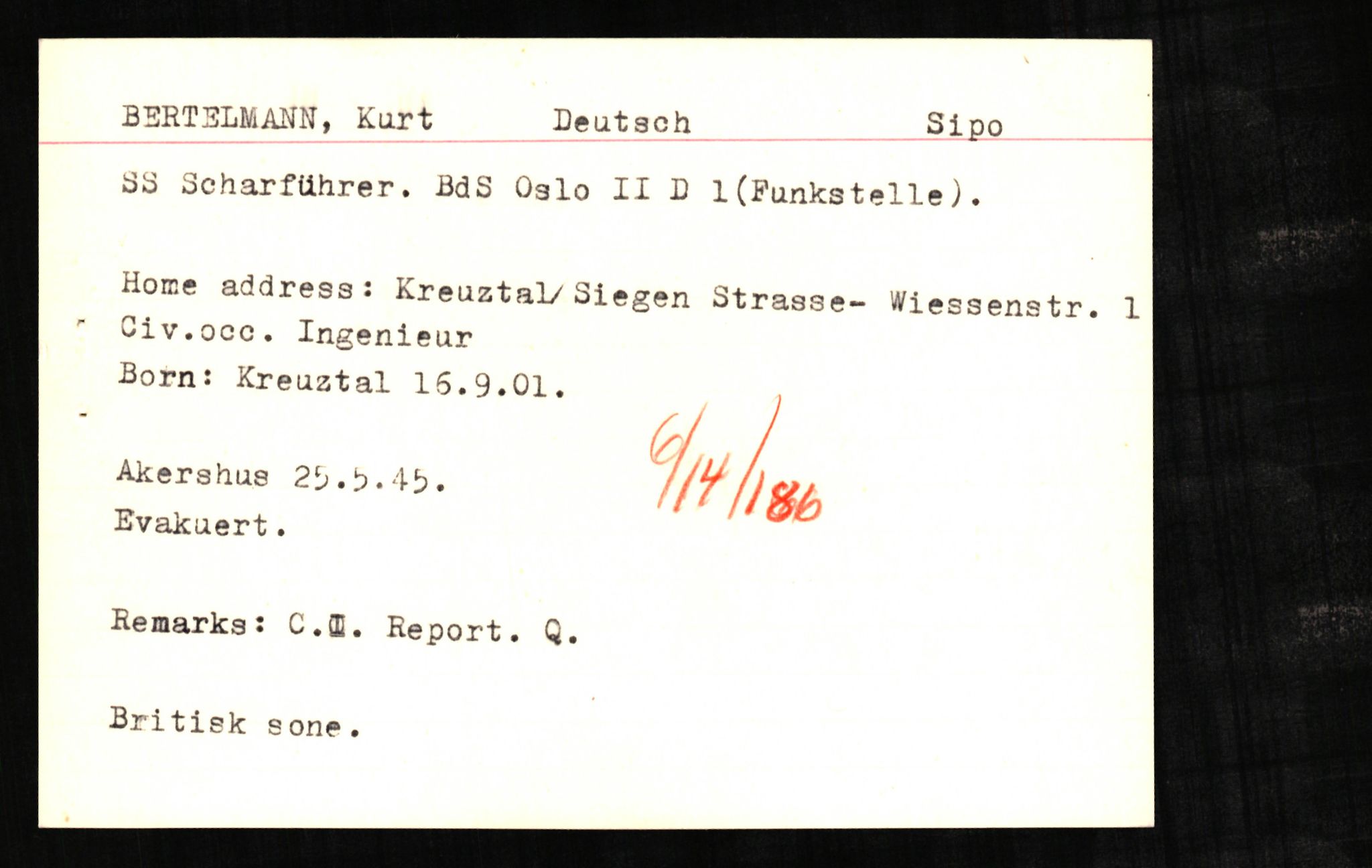 Forsvaret, Forsvarets overkommando II, AV/RA-RAFA-3915/D/Db/L0003: CI Questionaires. Tyske okkupasjonsstyrker i Norge. Tyskere., 1945-1946, p. 2