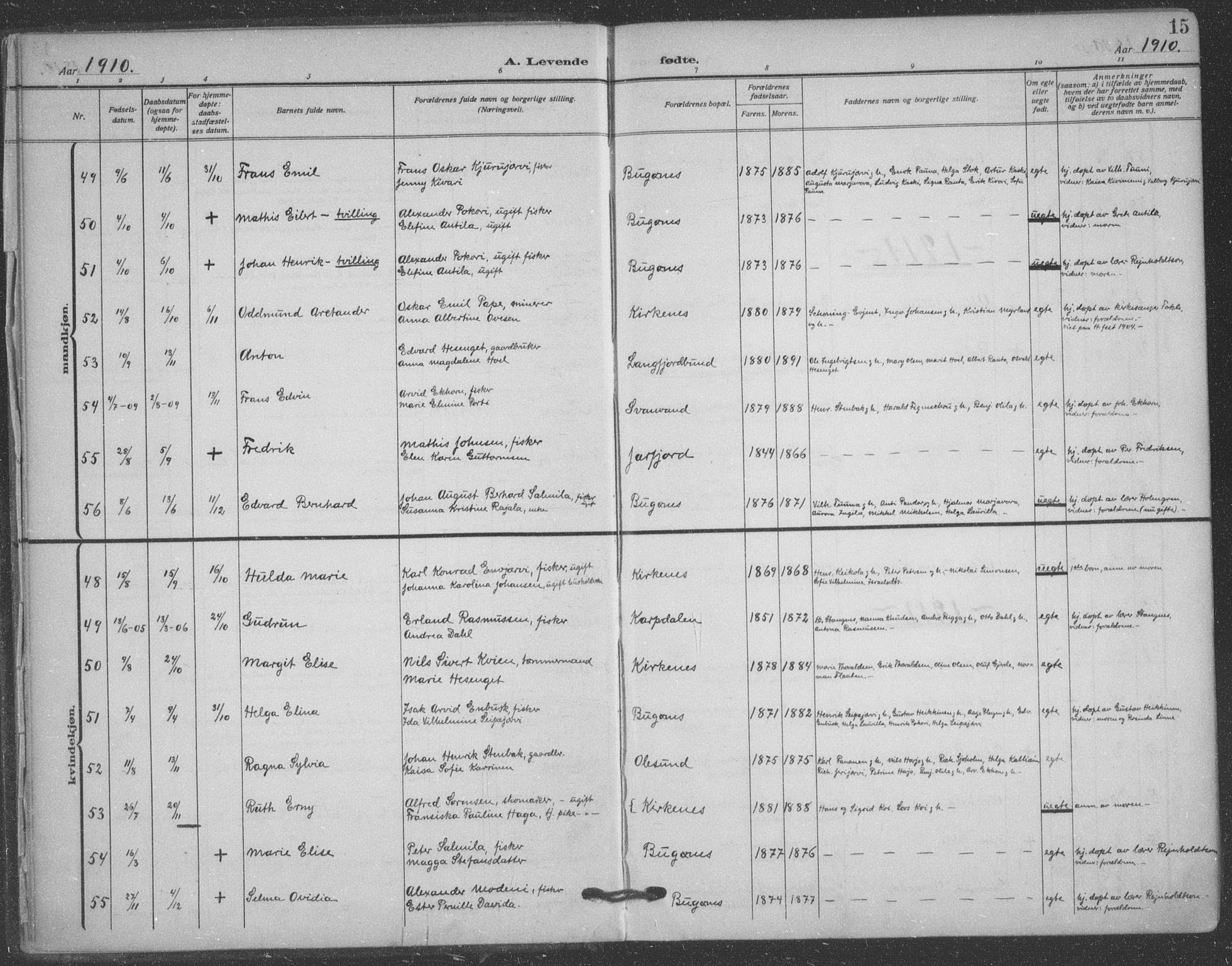 Sør-Varanger sokneprestkontor, AV/SATØ-S-1331/H/Ha/L0005kirke: Parish register (official) no. 5, 1909-1919, p. 15