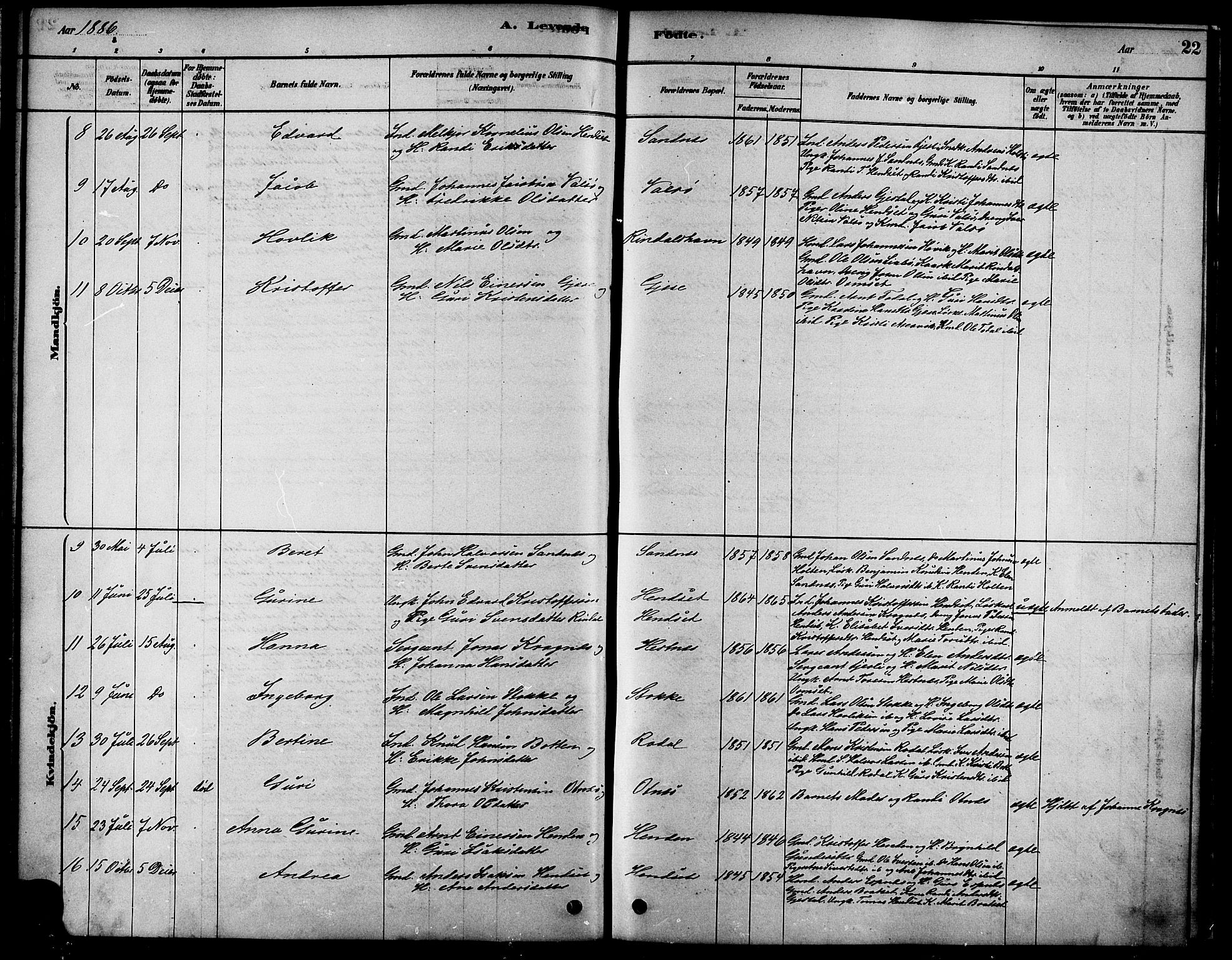 Ministerialprotokoller, klokkerbøker og fødselsregistre - Møre og Romsdal, AV/SAT-A-1454/580/L0924: Parish register (official) no. 580A01, 1878-1887, p. 22