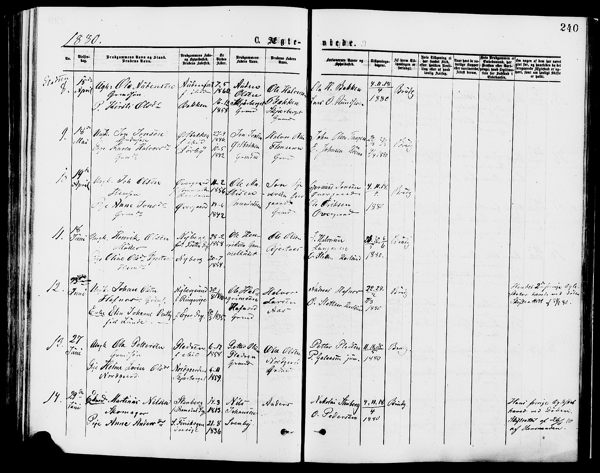 Trysil prestekontor, AV/SAH-PREST-046/H/Ha/Haa/L0007: Parish register (official) no. 7, 1874-1880, p. 240