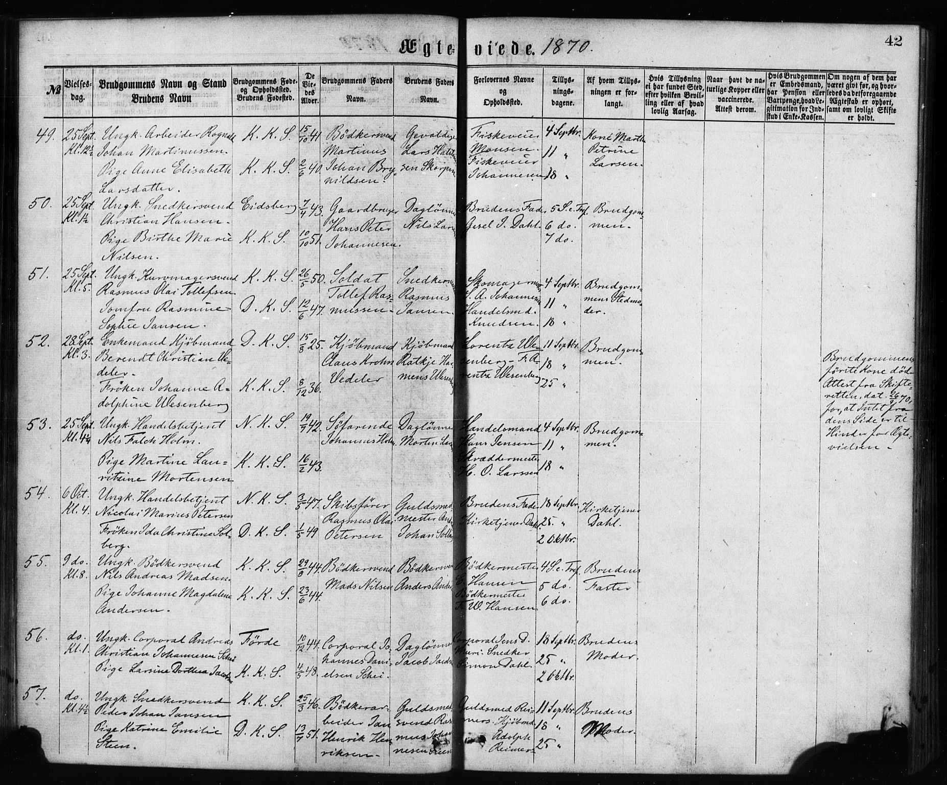 Korskirken sokneprestembete, AV/SAB-A-76101/H/Haa/L0036: Parish register (official) no. D 3, 1867-1882, p. 42