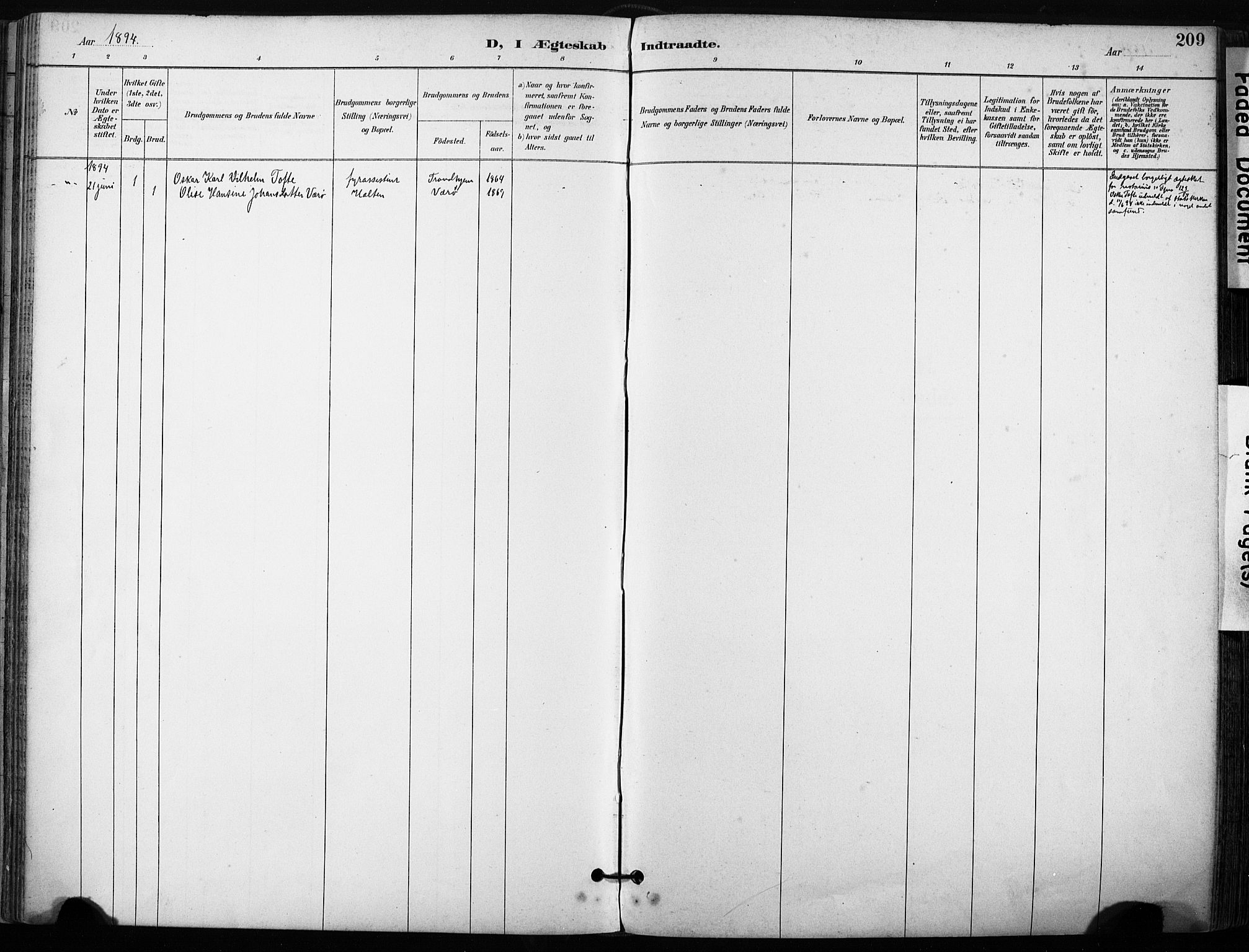Ministerialprotokoller, klokkerbøker og fødselsregistre - Sør-Trøndelag, SAT/A-1456/640/L0579: Parish register (official) no. 640A04, 1889-1902, p. 209