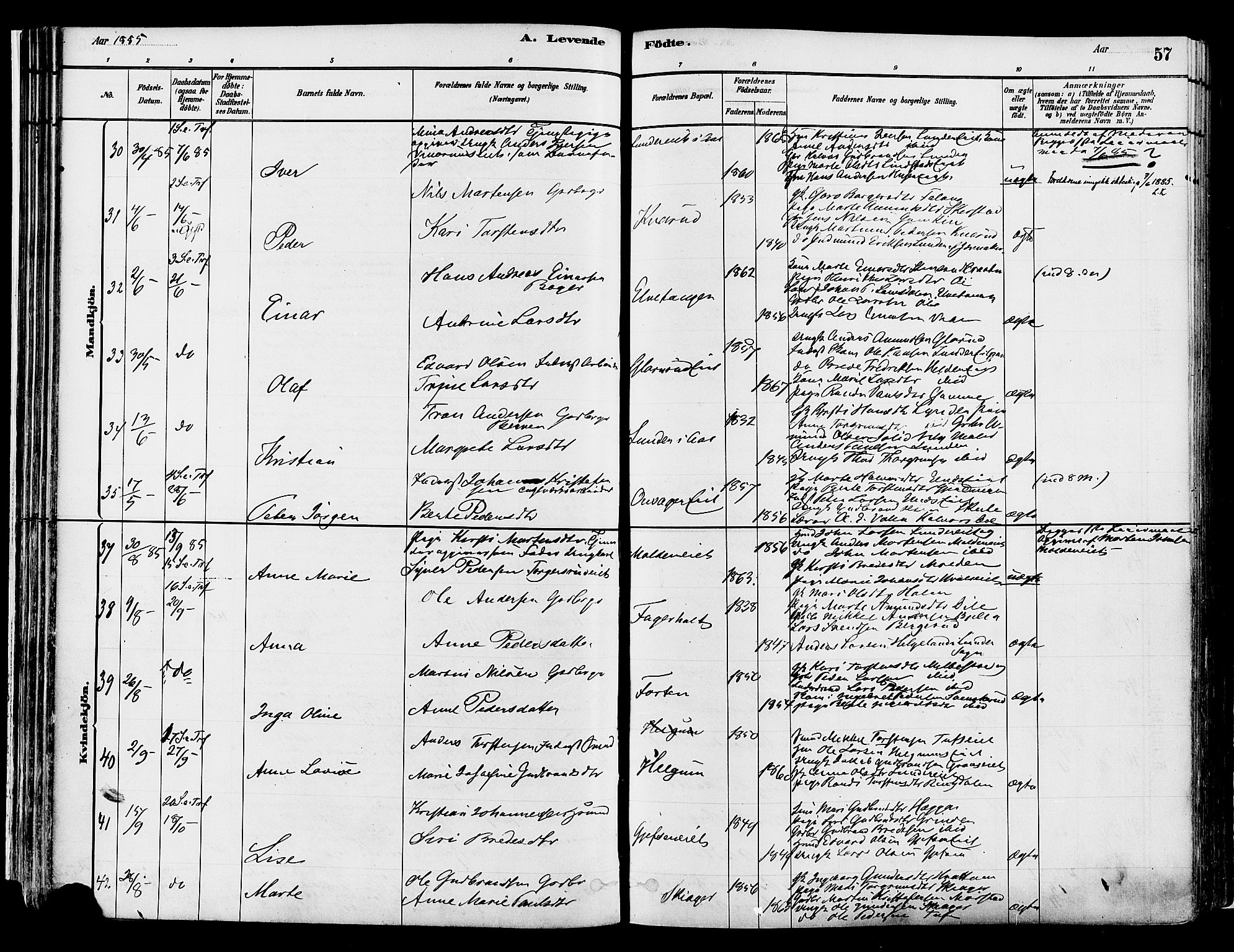 Gran prestekontor, AV/SAH-PREST-112/H/Ha/Haa/L0014: Parish register (official) no. 14, 1880-1889, p. 57