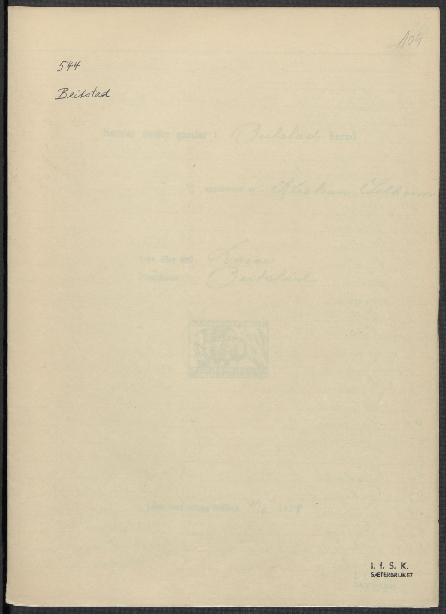 Instituttet for sammenlignende kulturforskning, RA/PA-0424/F/Fc/L0015/0002: Eske B15: / Nord-Trøndelag (perm XLIII), 1933-1938, p. 109