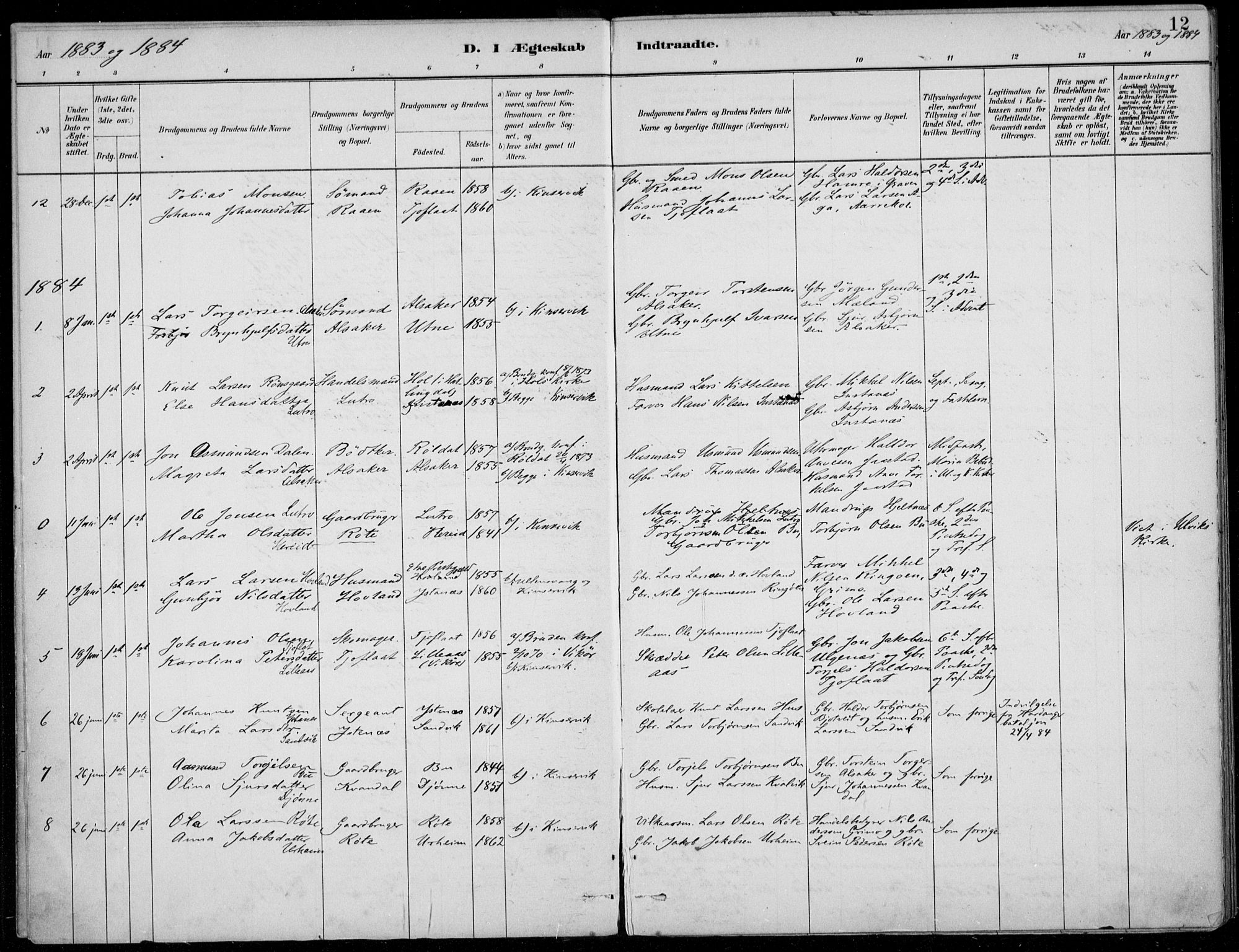 Ullensvang sokneprestembete, SAB/A-78701/H/Haa: Parish register (official) no. E  3, 1883-1916, p. 12