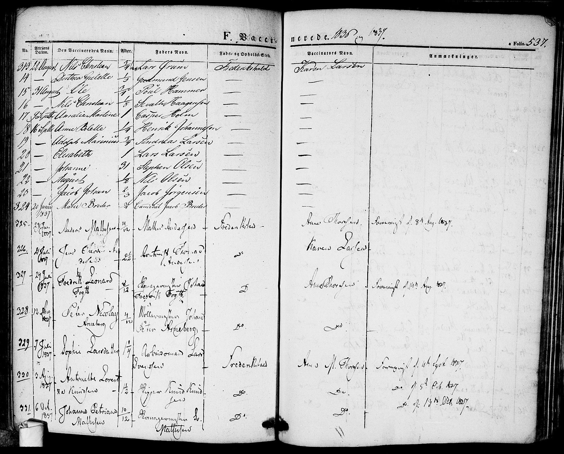 Halden prestekontor Kirkebøker, SAO/A-10909/F/Fa/L0005: Parish register (official) no. I 5, 1834-1845, p. 537