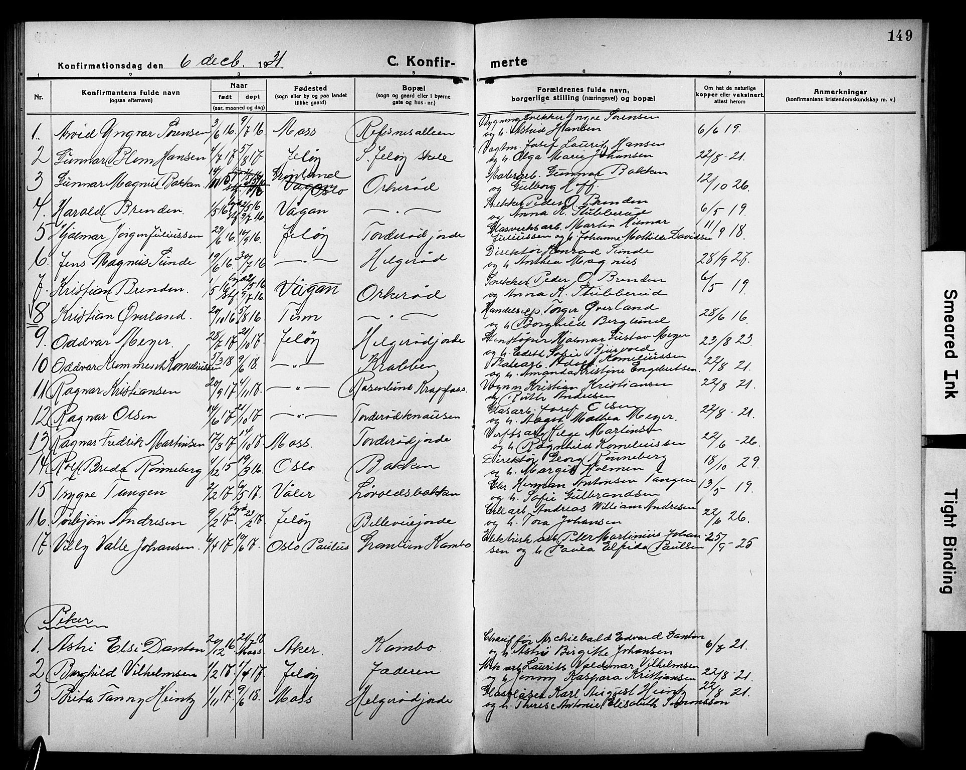 Moss prestekontor Kirkebøker, AV/SAO-A-2003/G/Gb/L0004: Parish register (copy) no. II 4, 1920-1932, p. 149