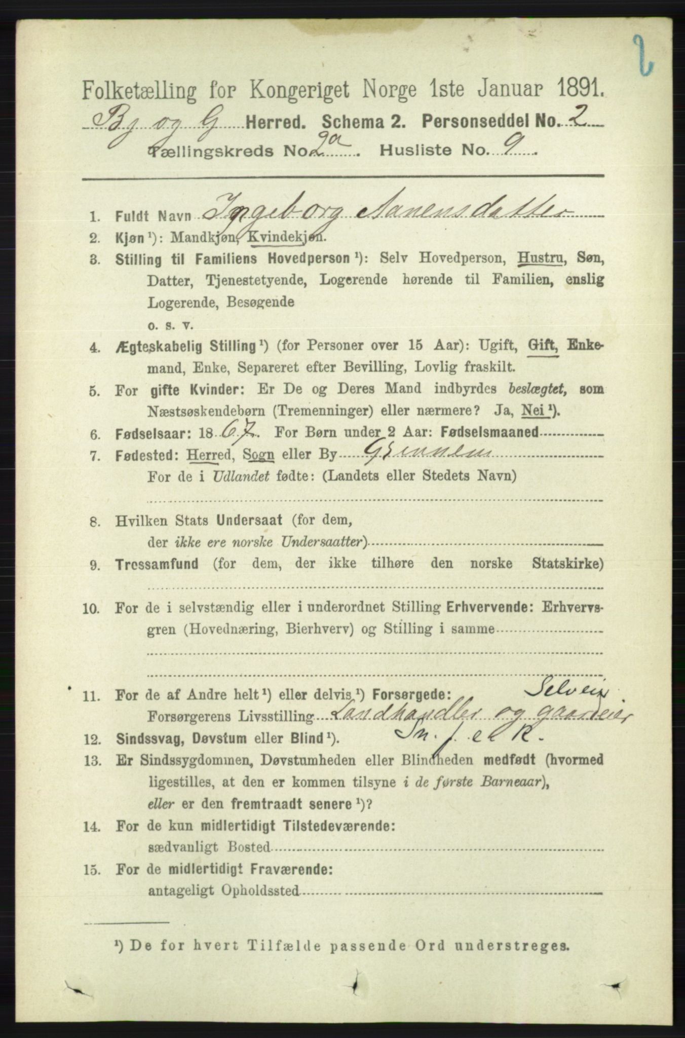RA, 1891 census for 1024 Bjelland og Grindheim, 1891, p. 357