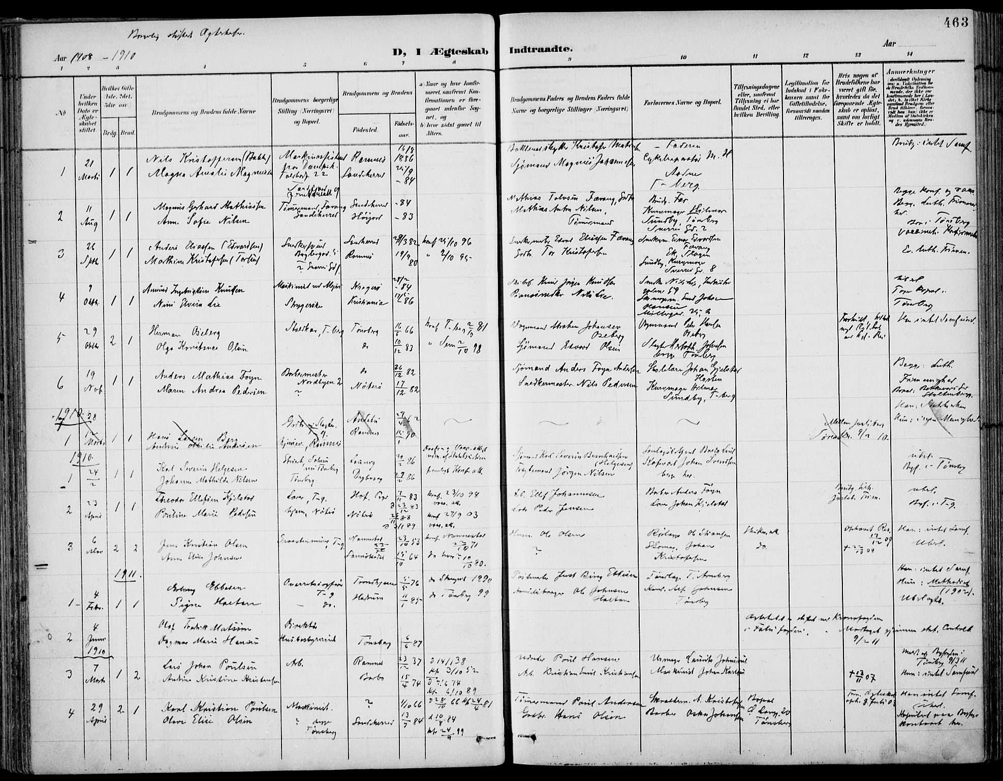 Tønsberg kirkebøker, AV/SAKO-A-330/F/Fa/L0013: Parish register (official) no. I 13, 1900-1913, p. 463