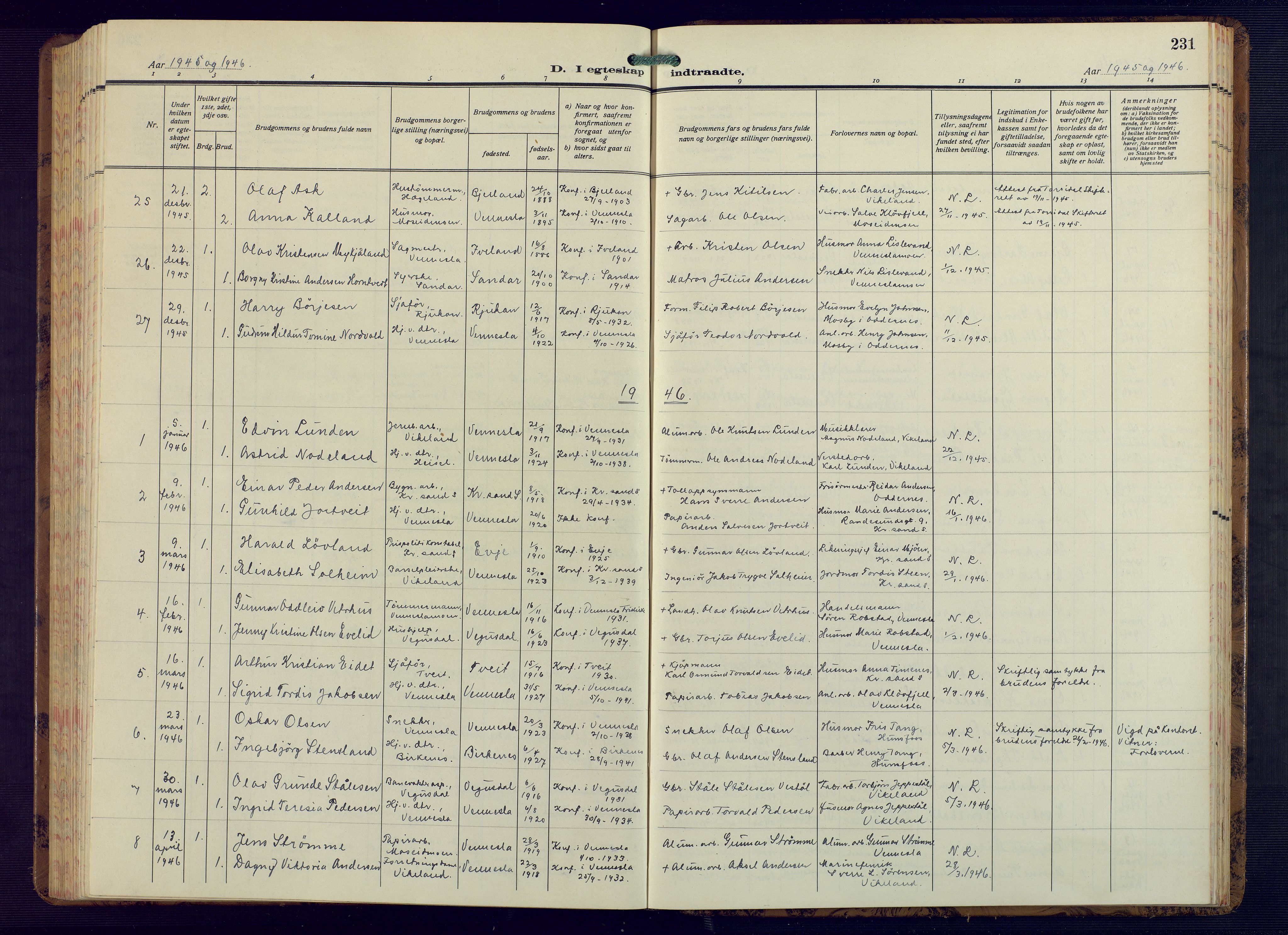 Vennesla sokneprestkontor, AV/SAK-1111-0045/Fb/Fbb/L0008: Parish register (copy) no. B 8, 1934-1947, p. 231