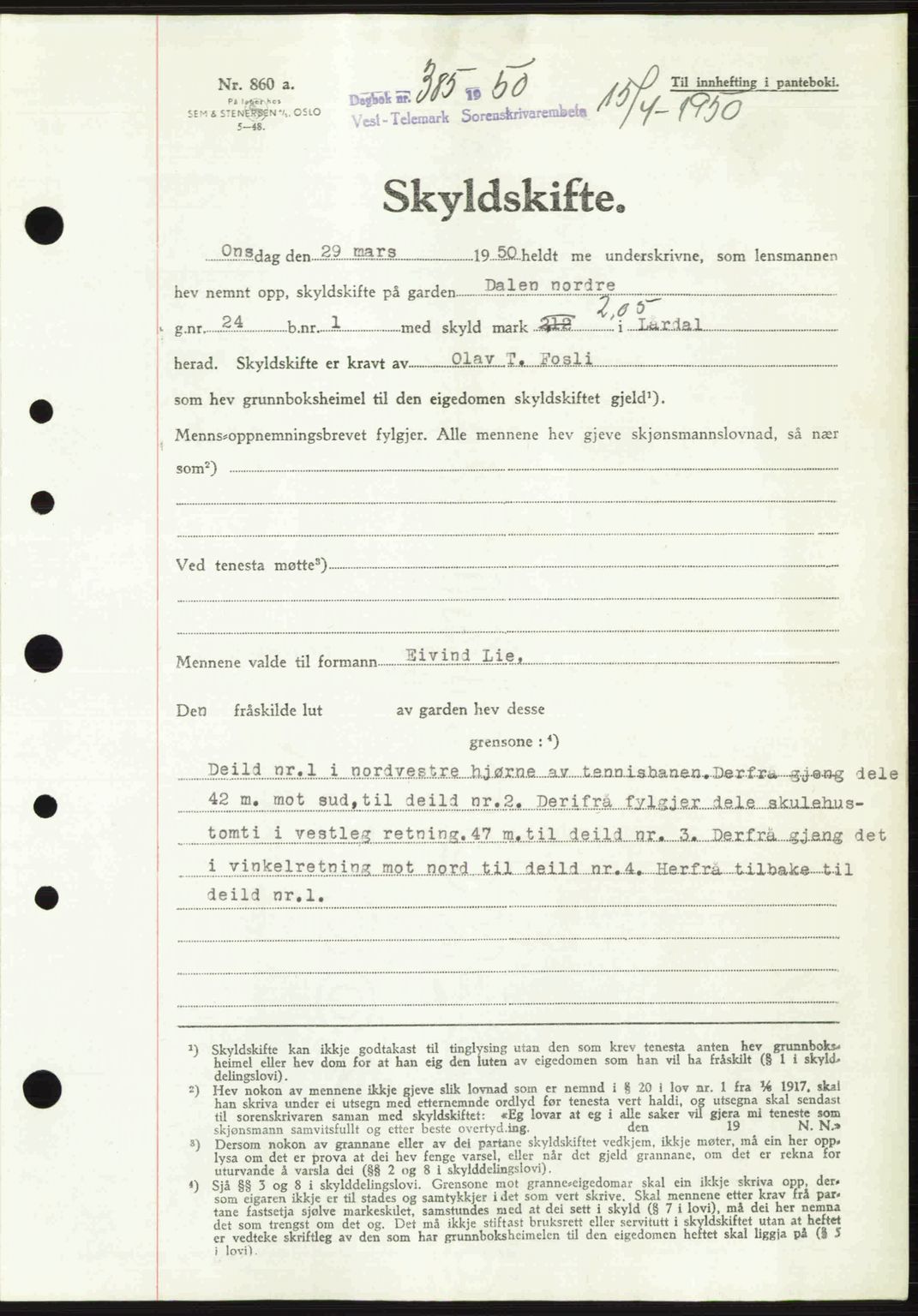 Vest-Telemark sorenskriveri, AV/SAKO-A-134/G/Ga/Gac/L0011: Mortgage book no. A-11, 1950-1950, Diary no: : 385/1950