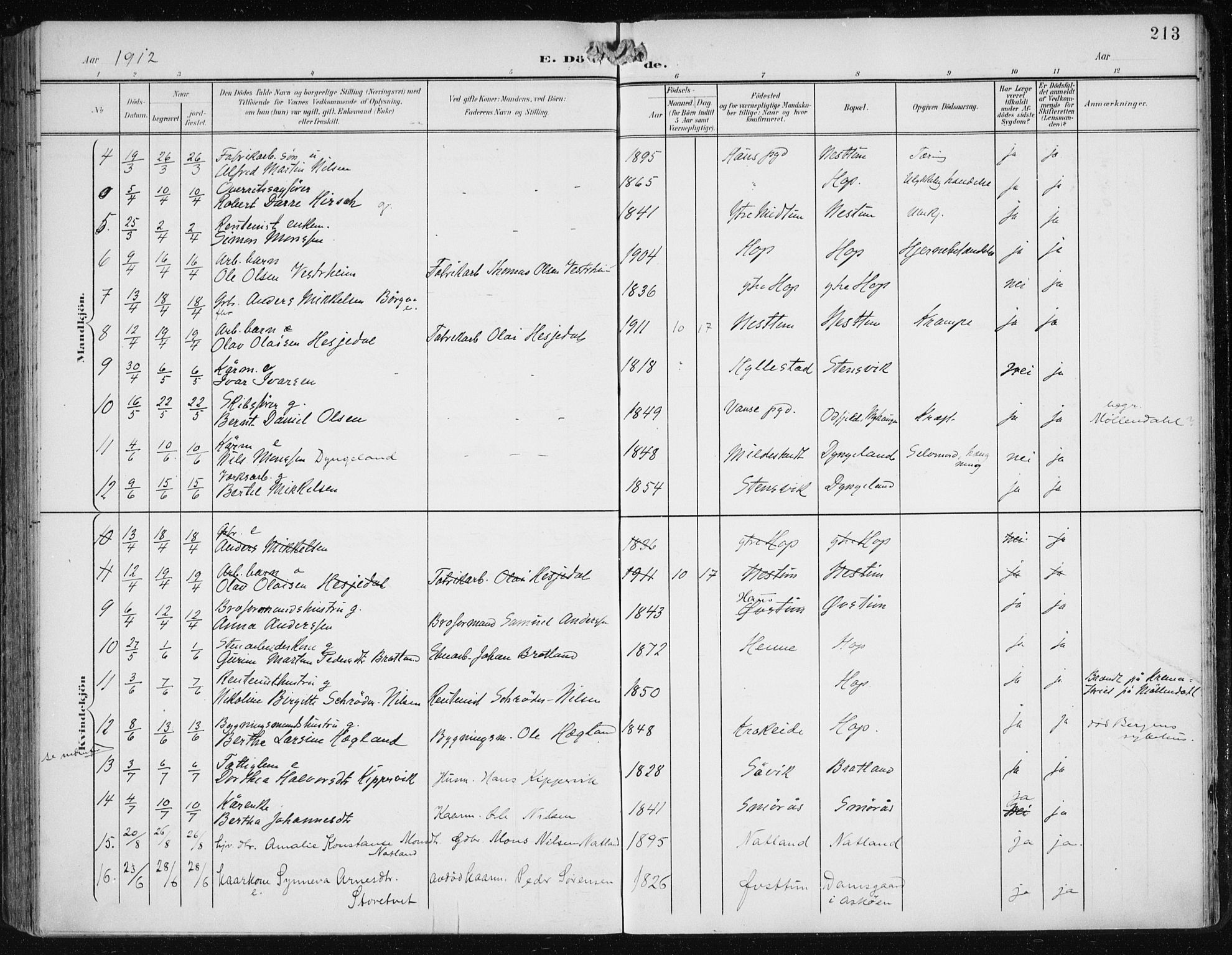 Fana Sokneprestembete, SAB/A-75101/H/Haa/Haai/L0003: Parish register (official) no. I 3, 1900-1912, p. 213
