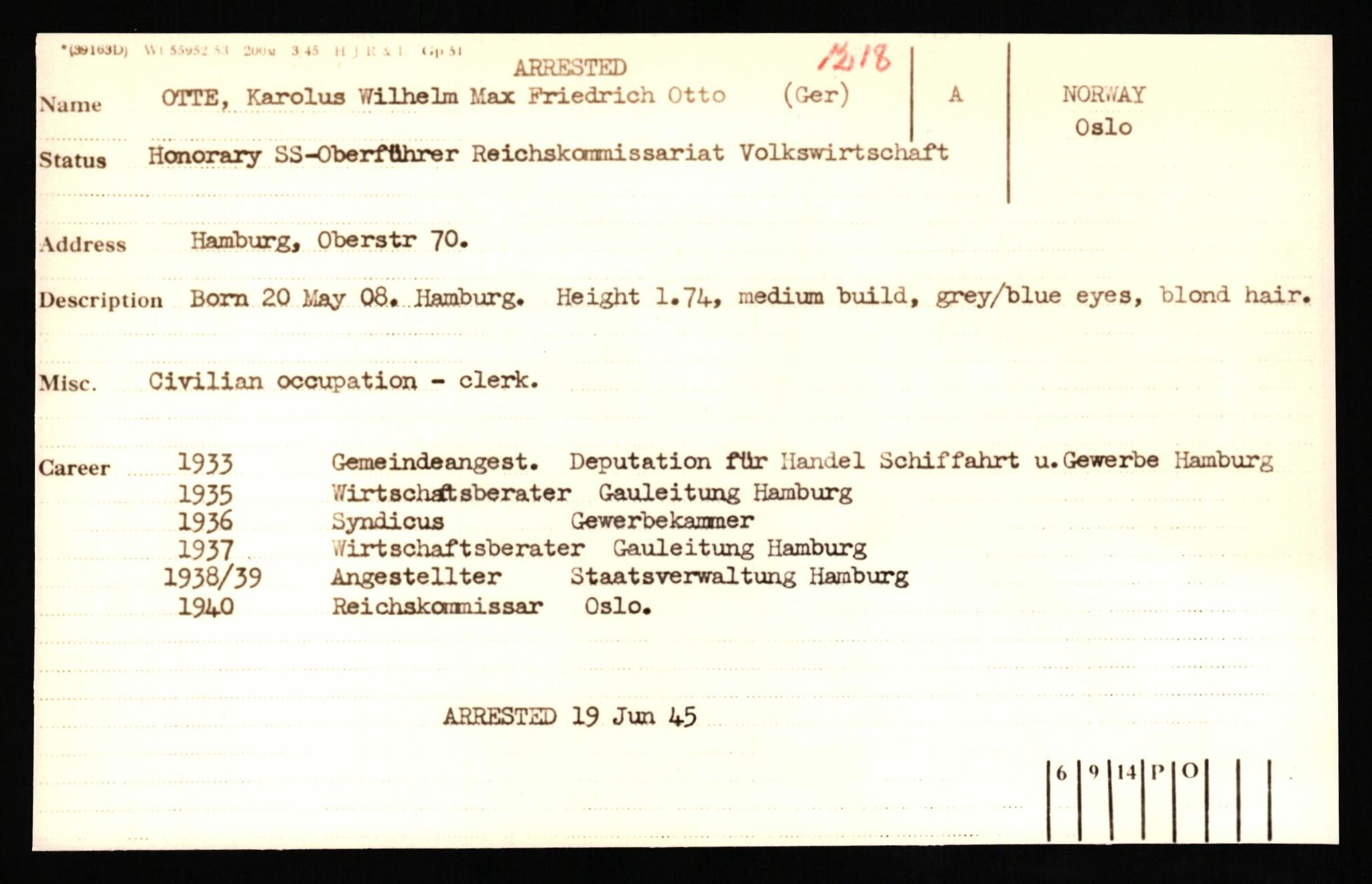 Forsvaret, Forsvarets overkommando II, AV/RA-RAFA-3915/D/Db/L0025: CI Questionaires. Tyske okkupasjonsstyrker i Norge. Tyskere., 1945-1946, p. 258