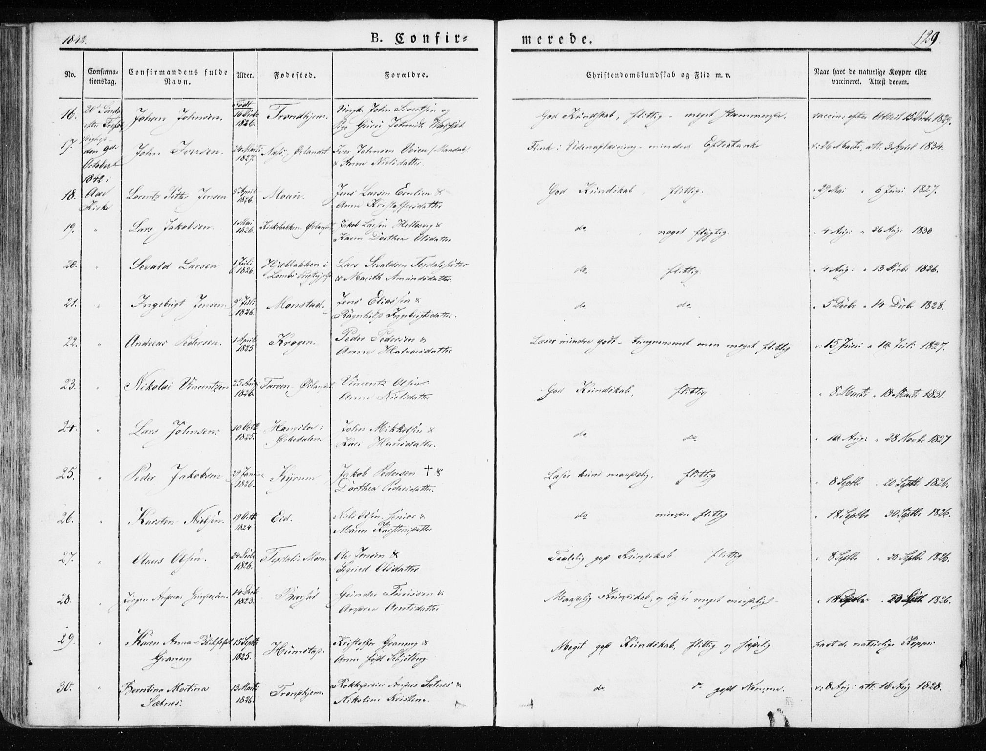 Ministerialprotokoller, klokkerbøker og fødselsregistre - Sør-Trøndelag, AV/SAT-A-1456/655/L0676: Parish register (official) no. 655A05, 1830-1847, p. 129