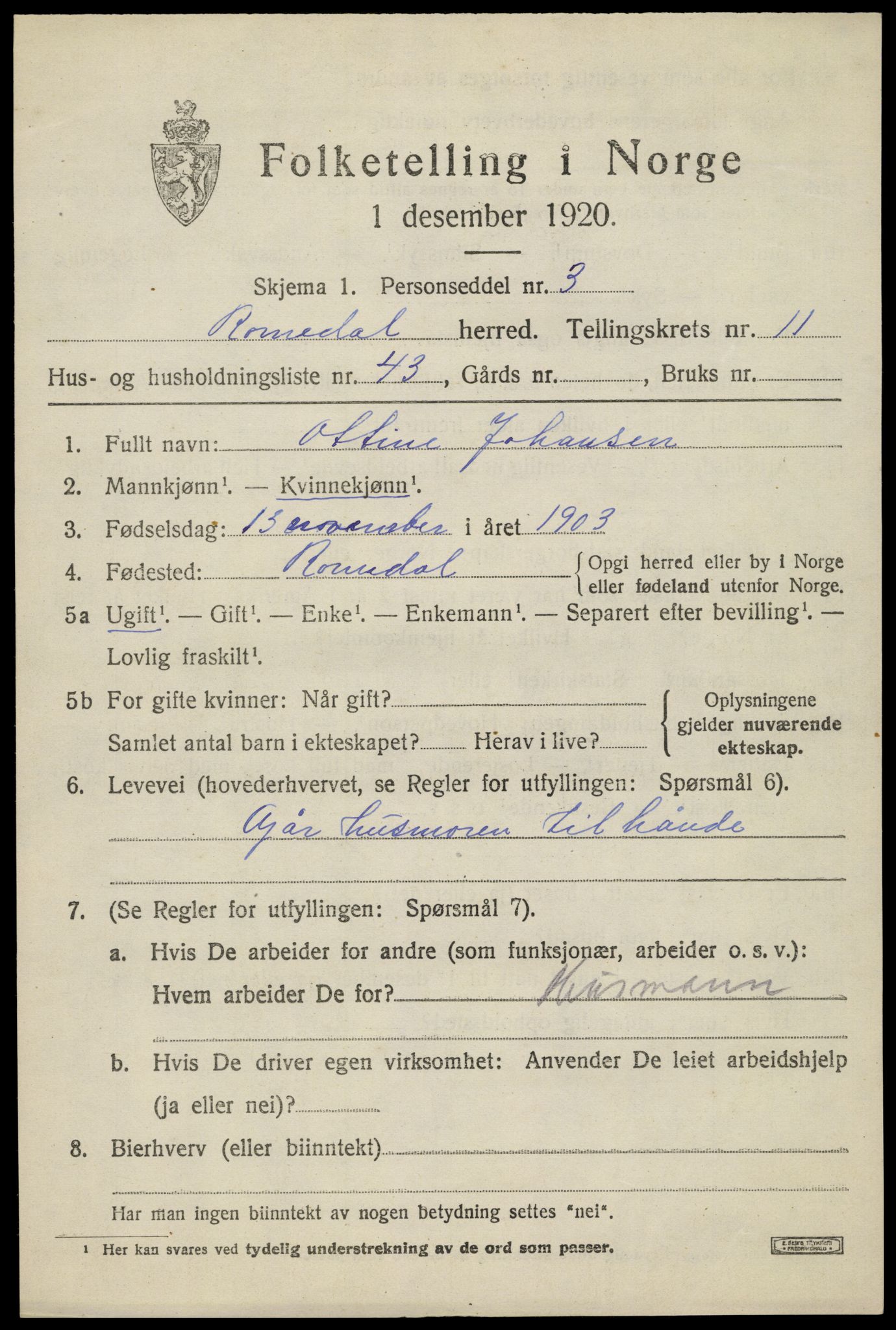 SAH, 1920 census for Romedal, 1920, p. 12585