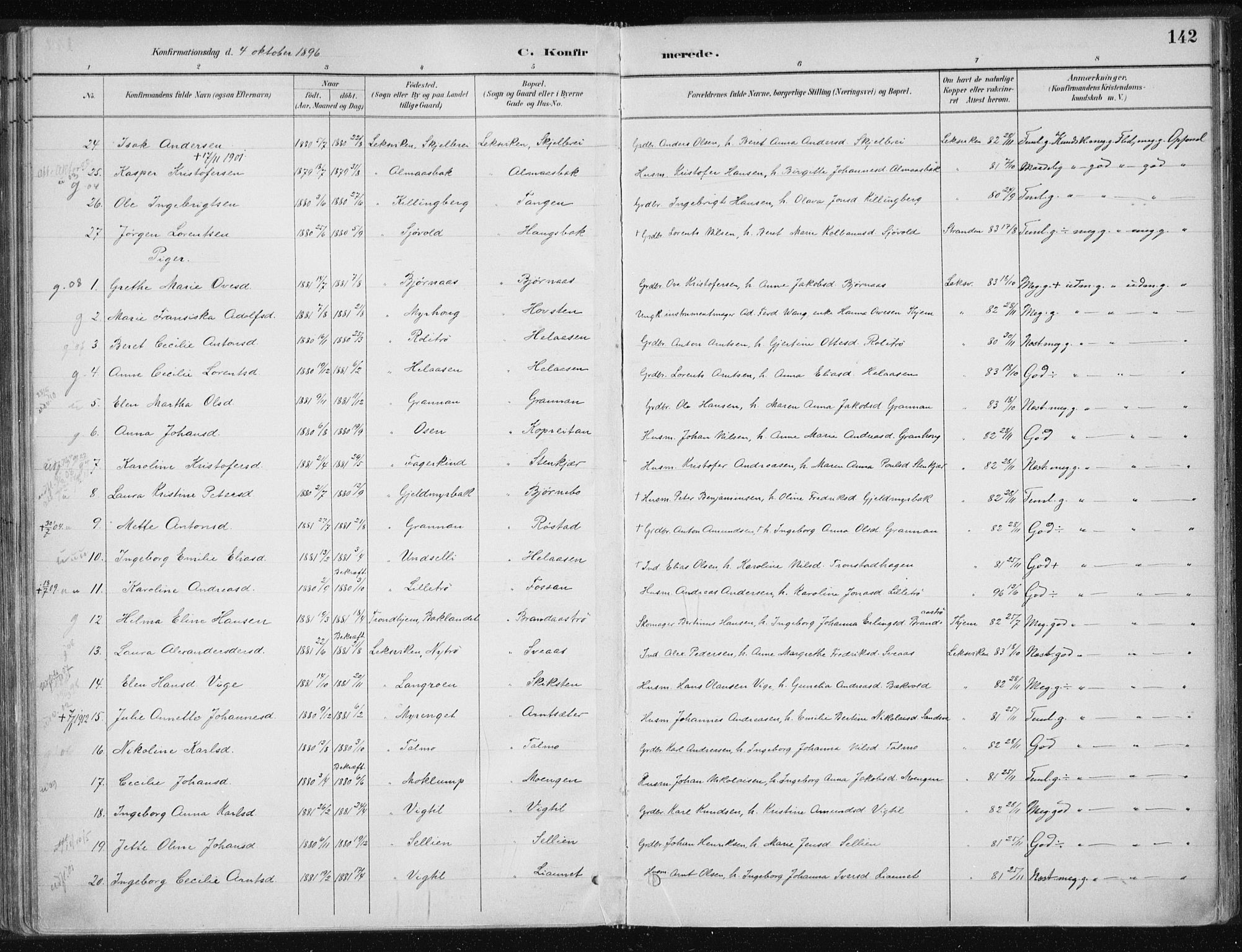 Ministerialprotokoller, klokkerbøker og fødselsregistre - Nord-Trøndelag, AV/SAT-A-1458/701/L0010: Parish register (official) no. 701A10, 1883-1899, p. 142