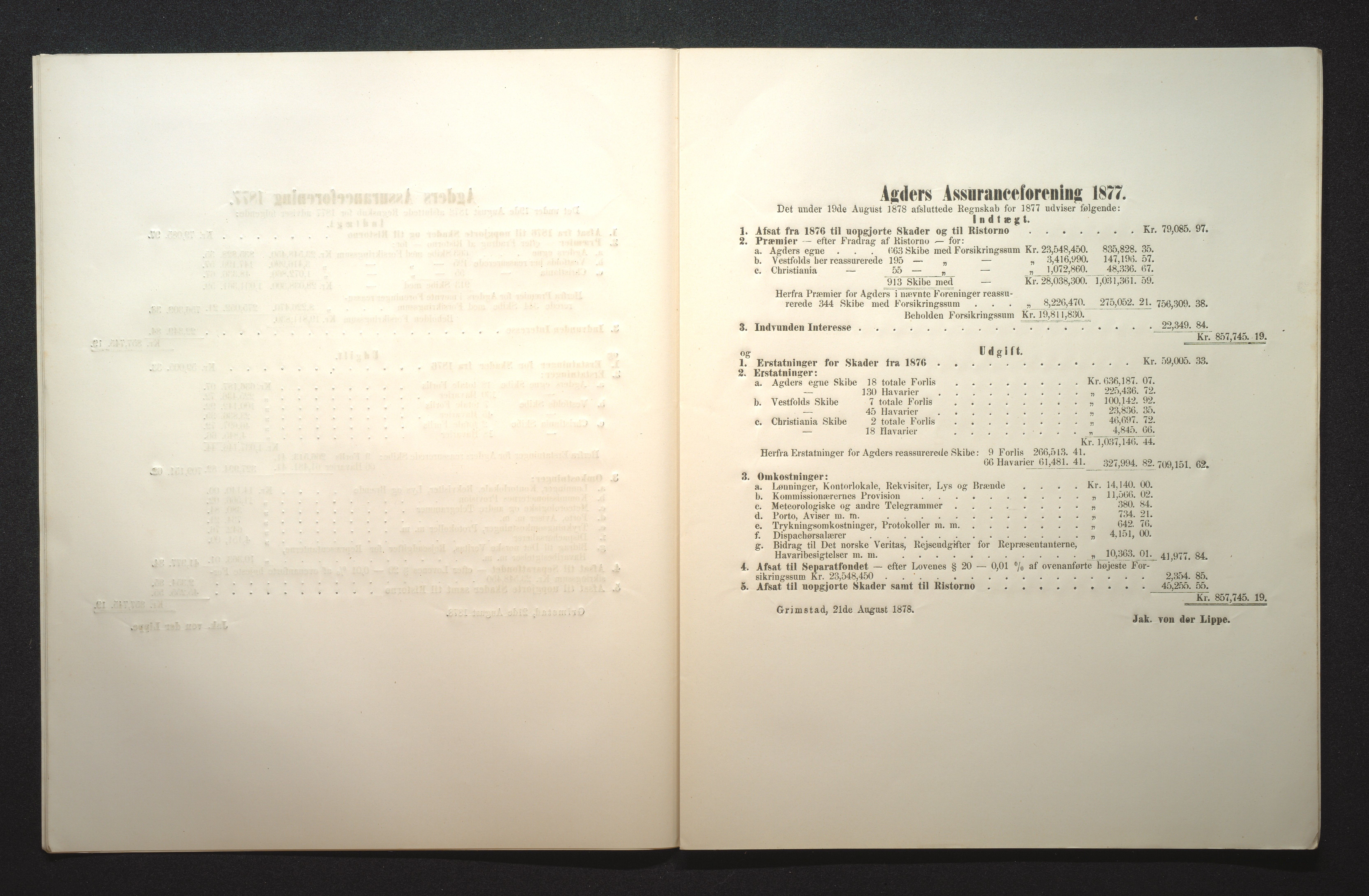 Agders Gjensidige Assuranceforening, AAKS/PA-1718/05/L0001: Regnskap, seilavdeling, pakkesak, 1855-1880