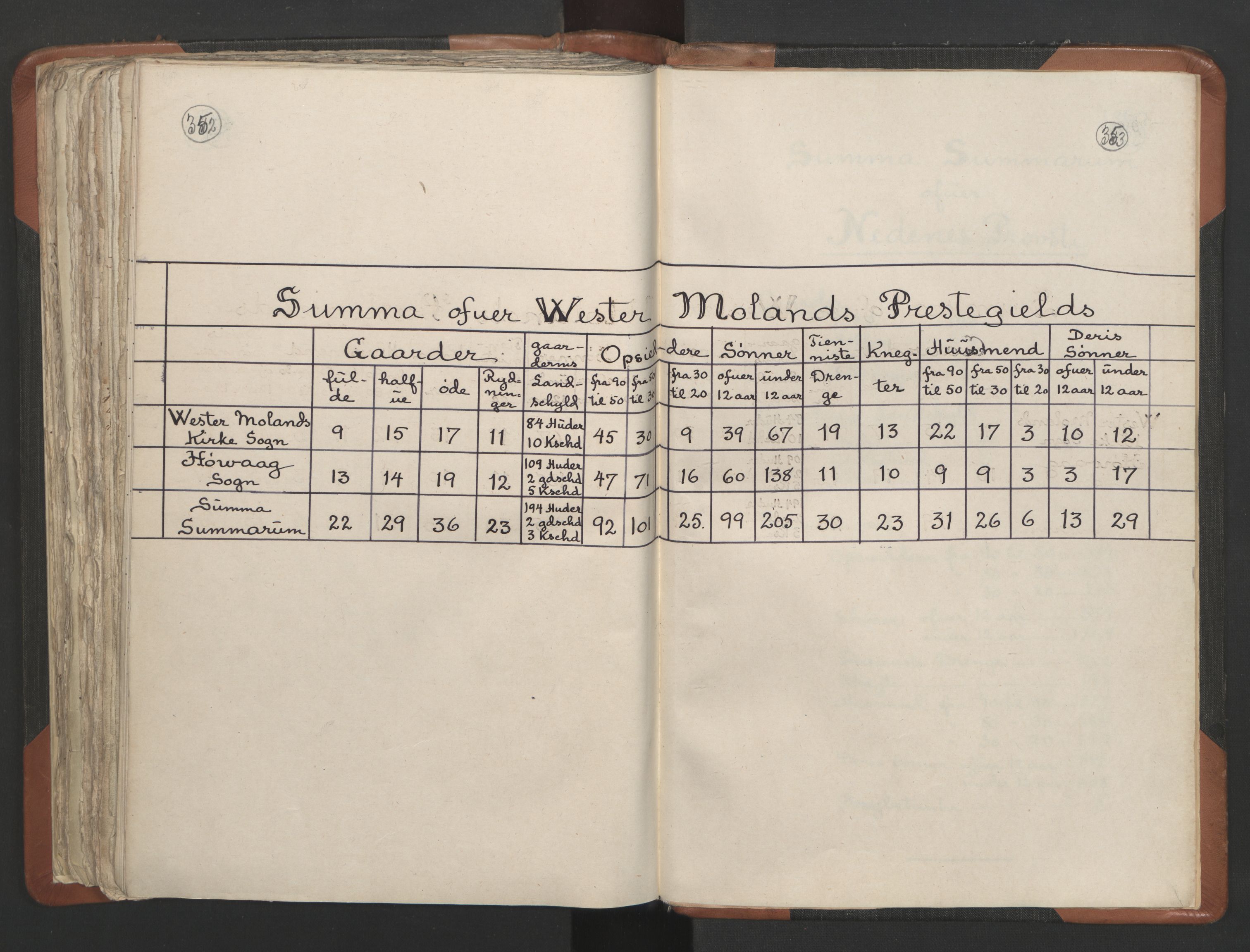 RA, Vicar's Census 1664-1666, no. 13: Nedenes deanery, 1664-1666, p. 352-353