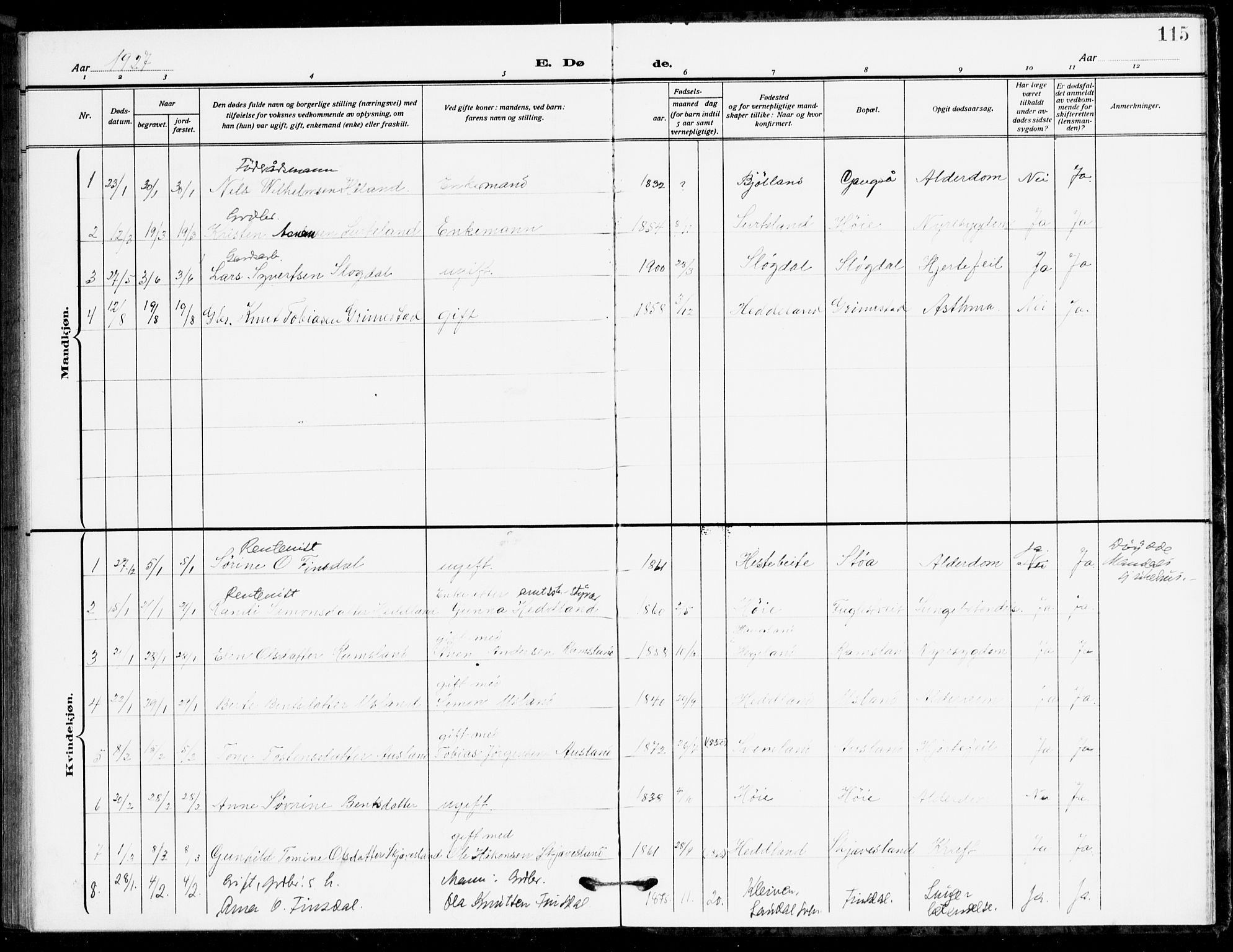 Holum sokneprestkontor, SAK/1111-0022/F/Fb/Fbc/L0004: Parish register (copy) no. B 4, 1908-1930, p. 115