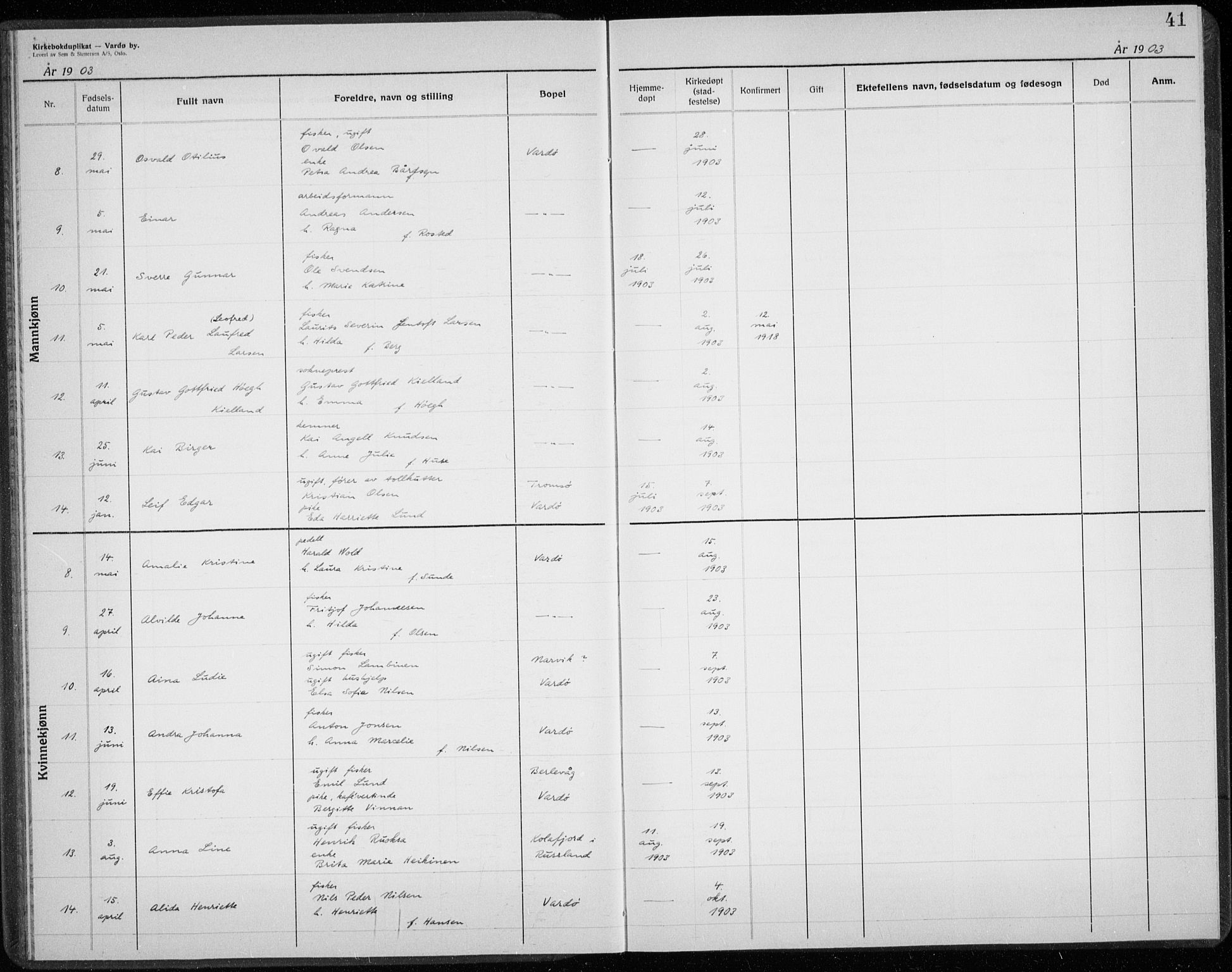 Vardø sokneprestkontor, AV/SATØ-S-1332/H/Hc/L0001kirkerekon: Other parish register no. 1, 1900-1914, p. 41