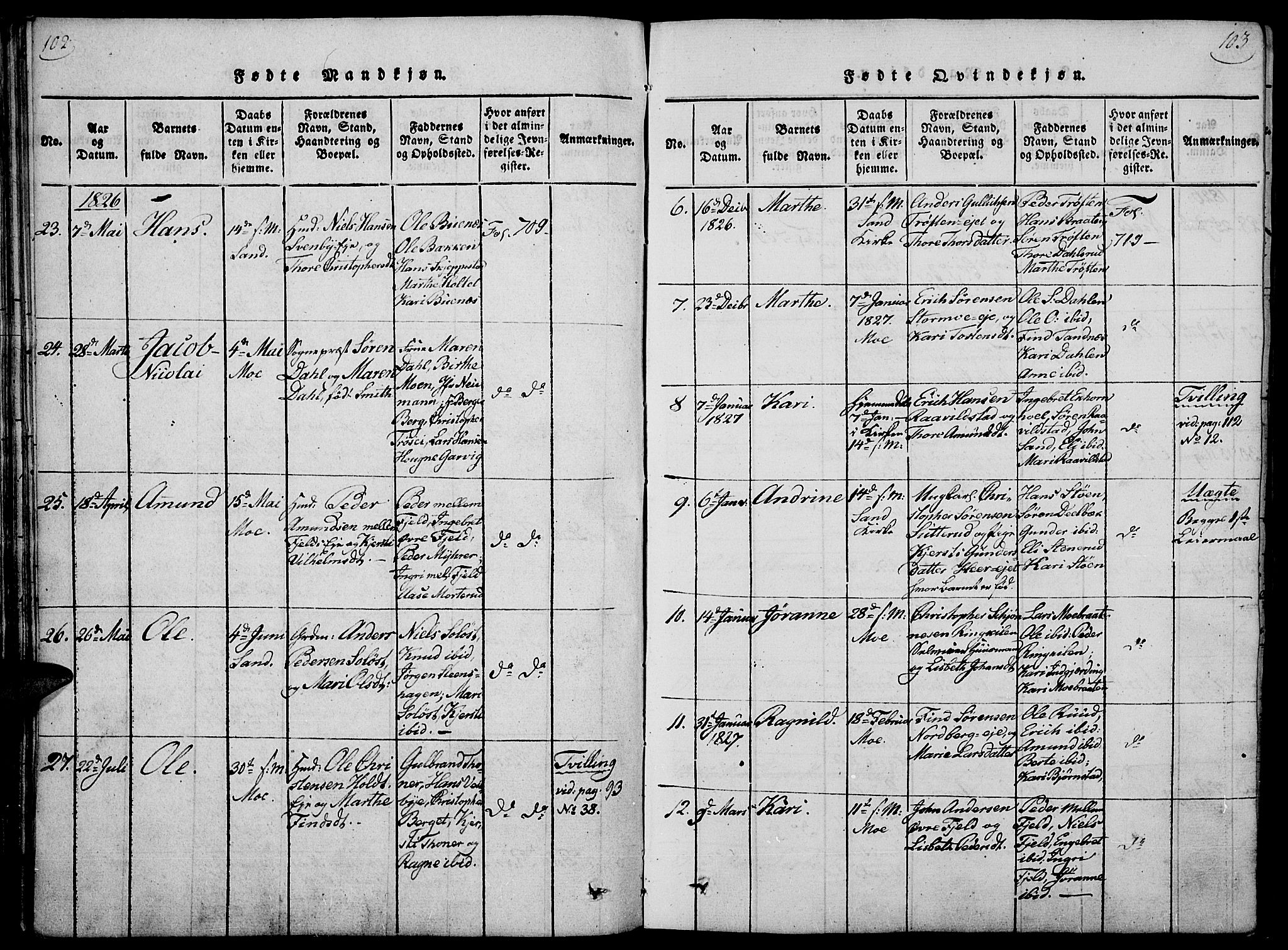 Nord-Odal prestekontor, AV/SAH-PREST-032/H/Ha/Haa/L0001: Parish register (official) no. 1, 1819-1838, p. 102-103