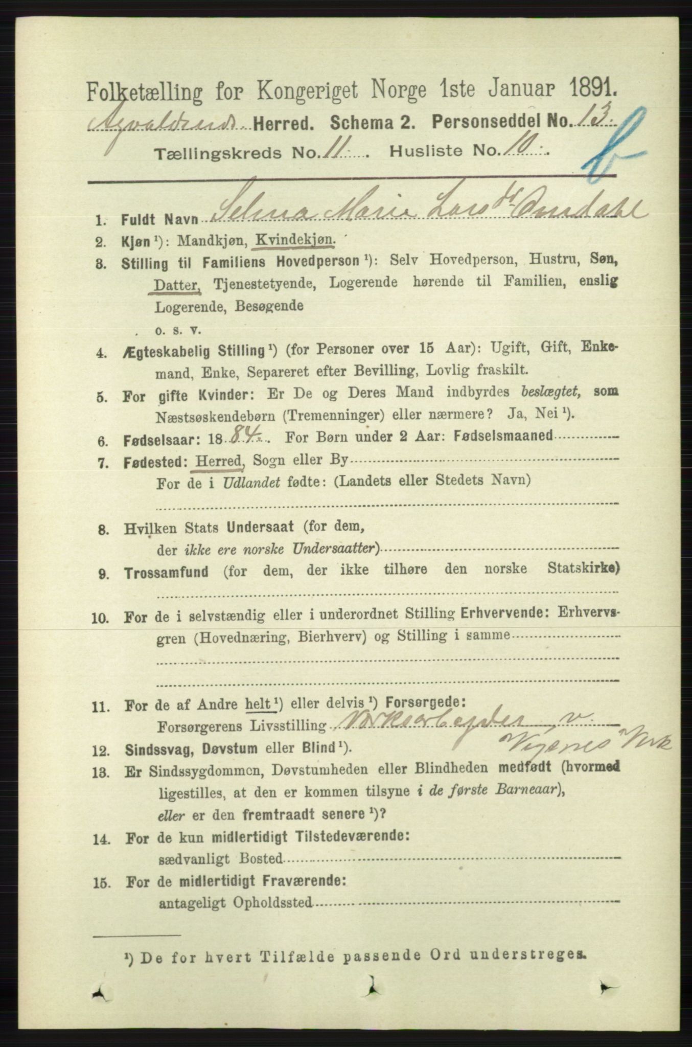 RA, 1891 census for 1147 Avaldsnes, 1891, p. 6377