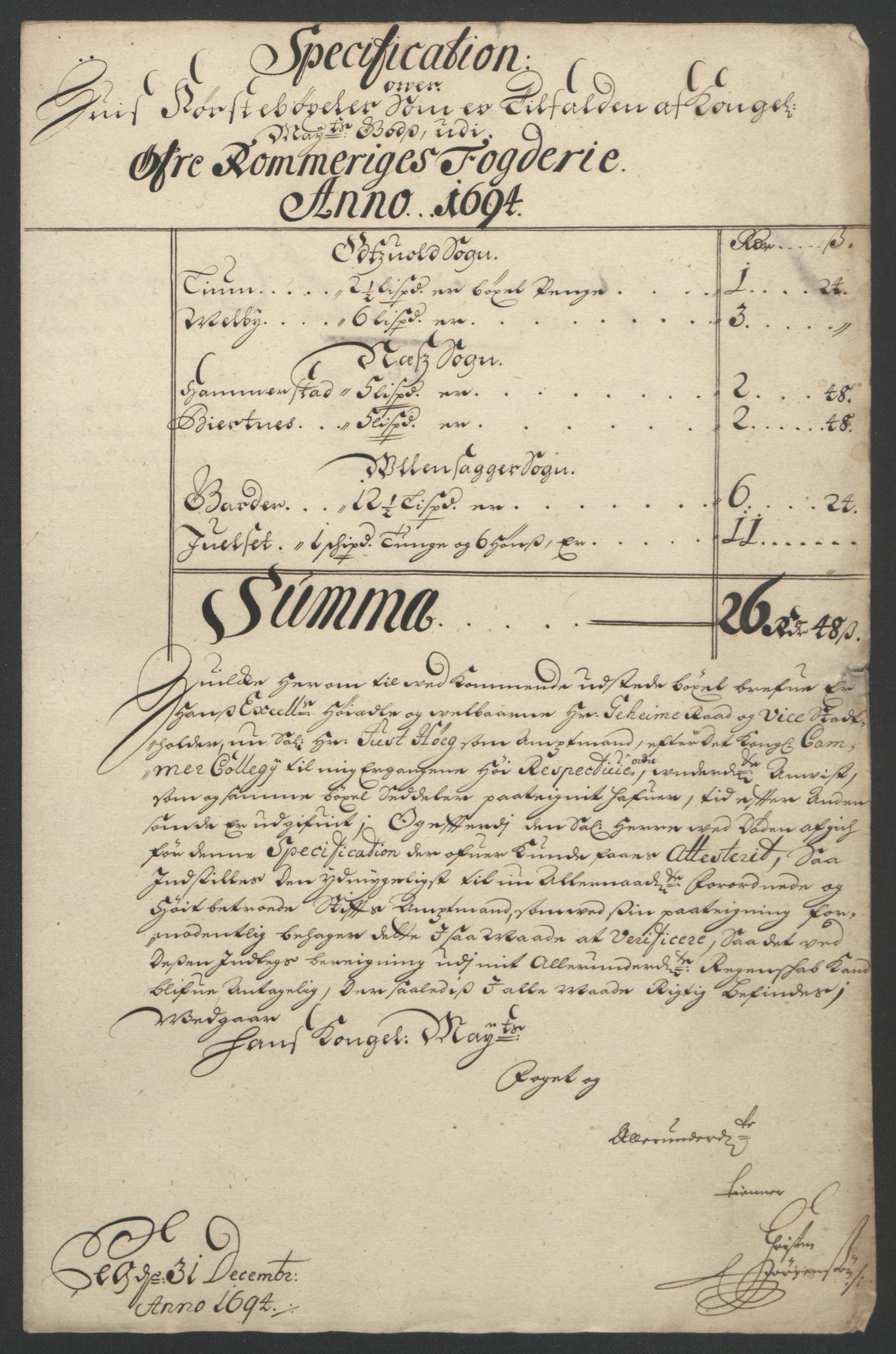 Rentekammeret inntil 1814, Reviderte regnskaper, Fogderegnskap, RA/EA-4092/R12/L0706: Fogderegnskap Øvre Romerike, 1694, p. 19
