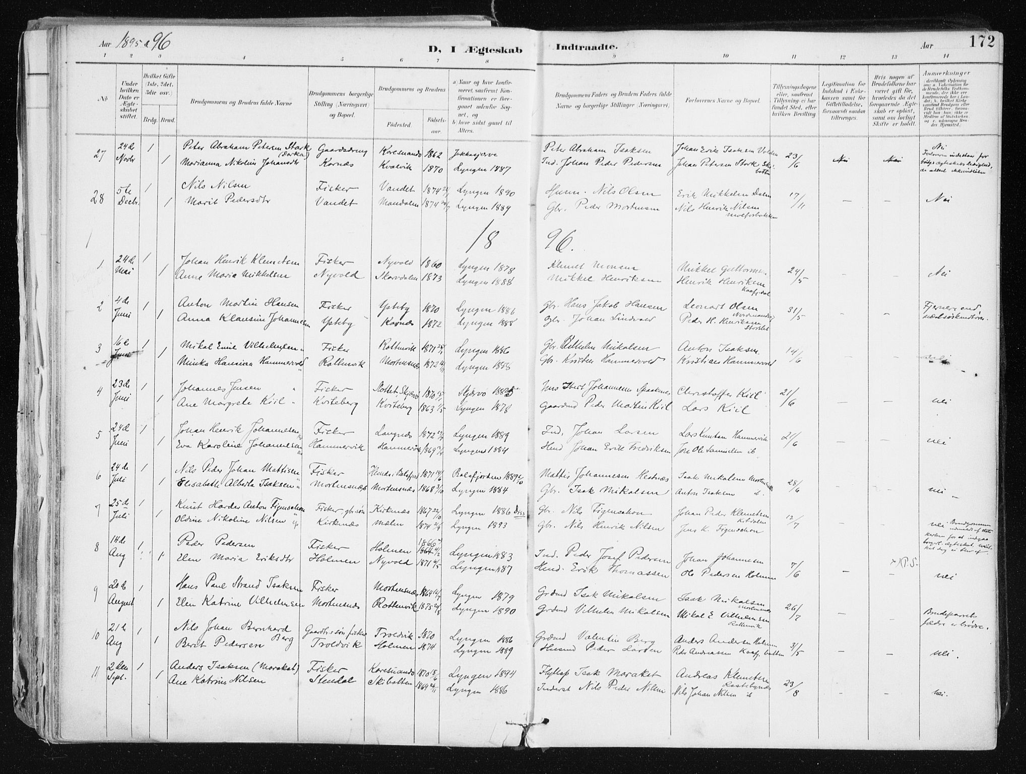 Lyngen sokneprestembete, SATØ/S-1289/H/He/Hea/L0008kirke: Parish register (official) no. 8, 1891-1902, p. 172