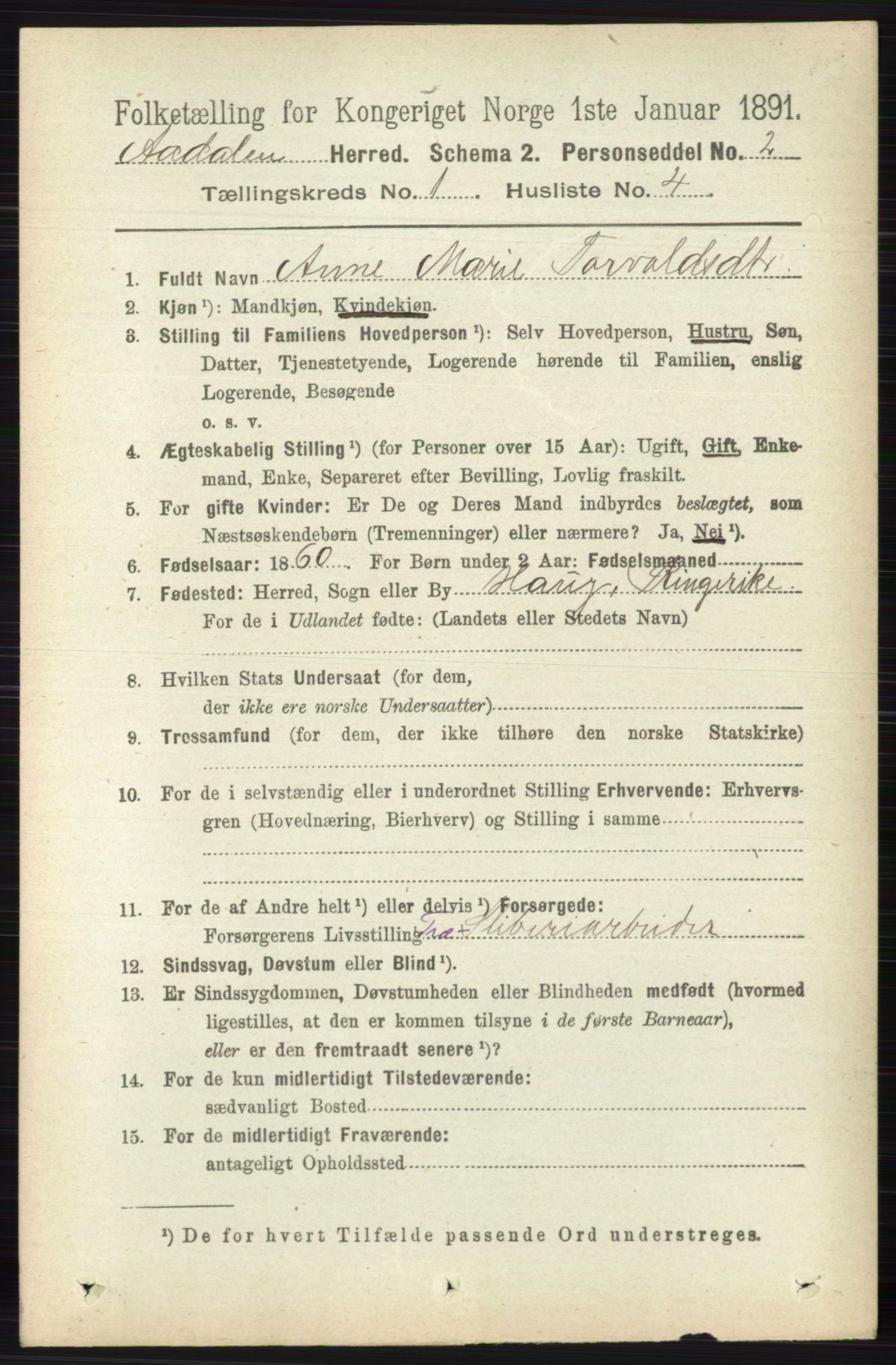 RA, 1891 census for 0614 Ådal, 1891, p. 87