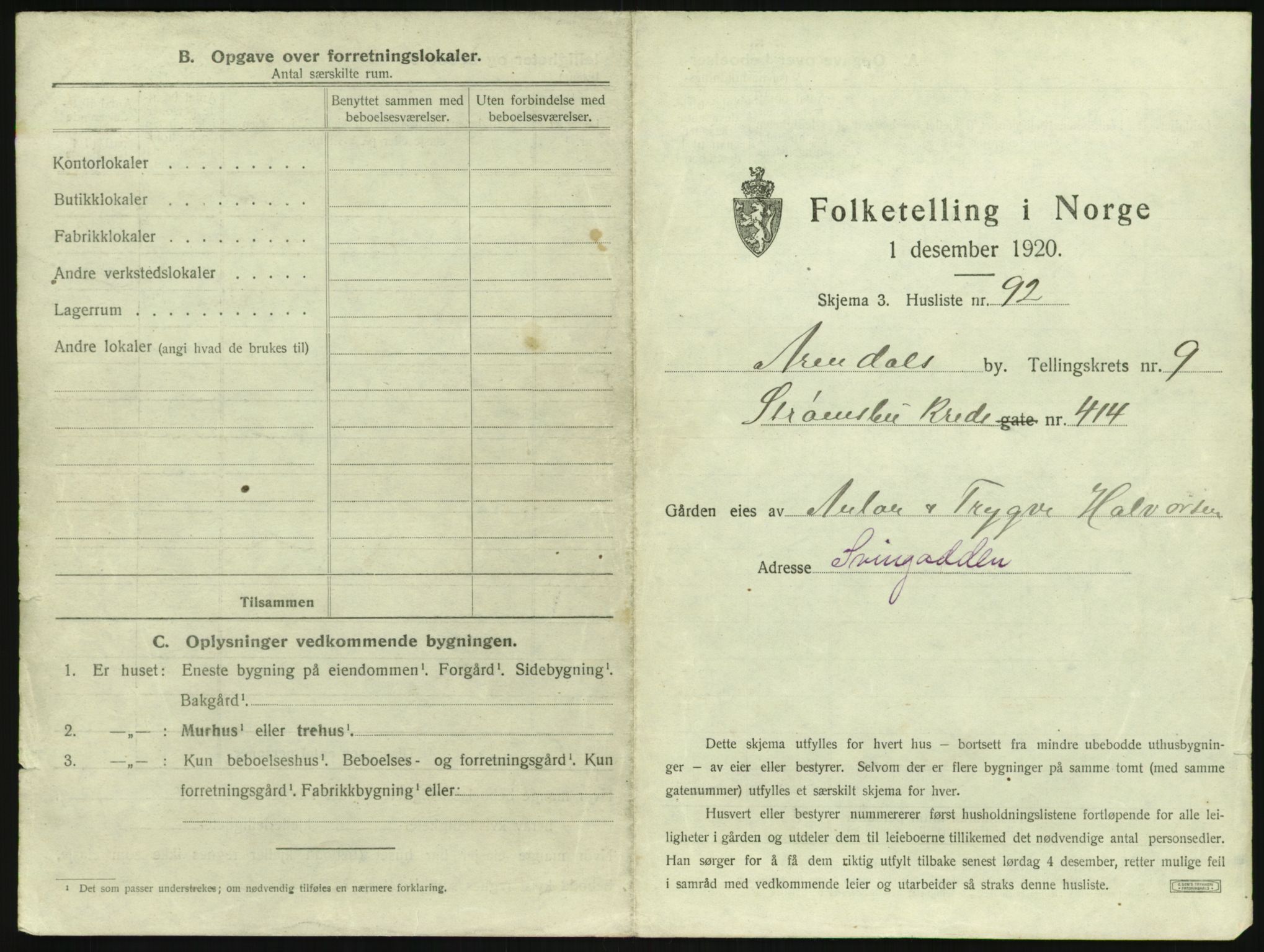 SAK, 1920 census for Arendal, 1920, p. 1284