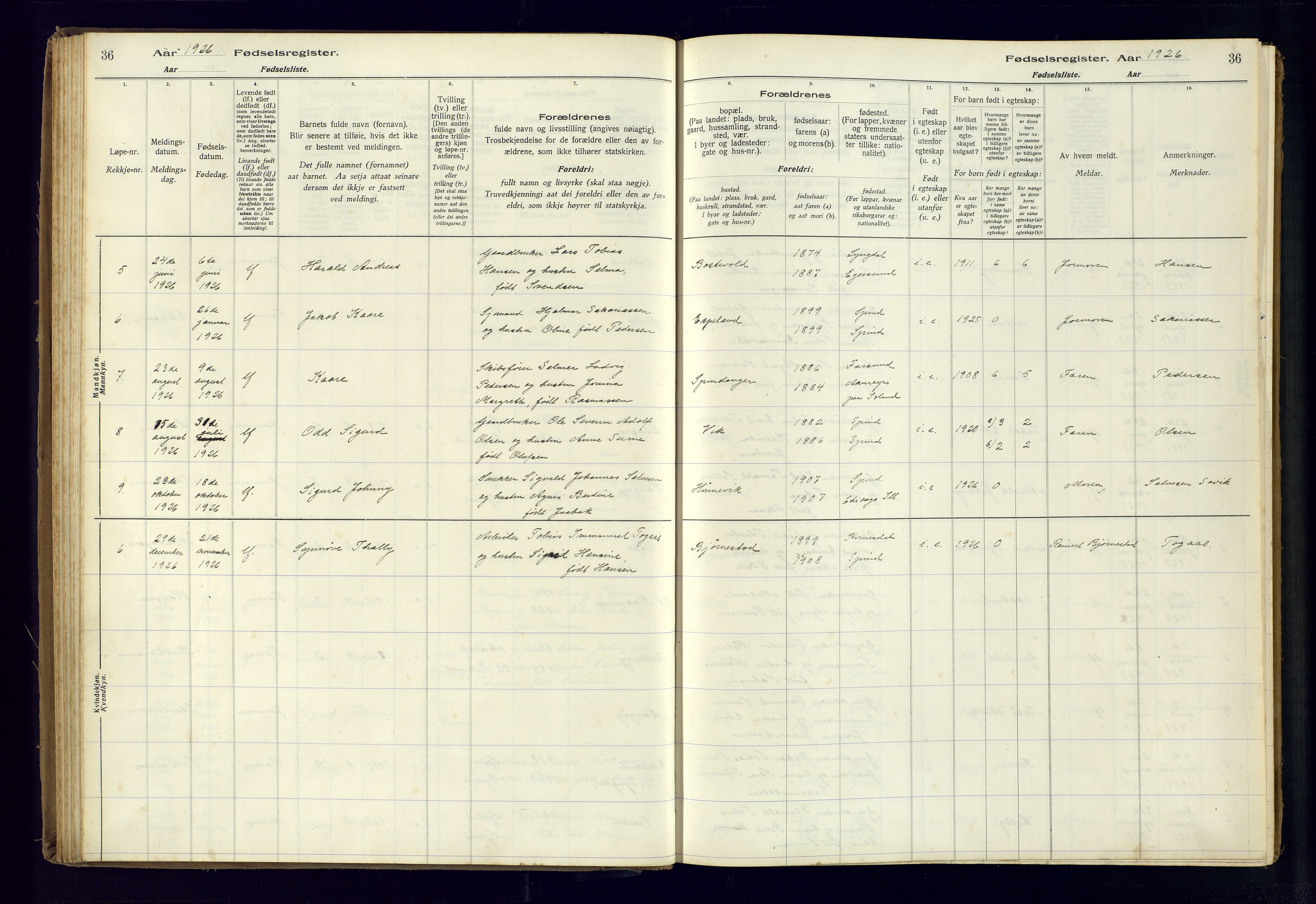 Farsund sokneprestkontor, AV/SAK-1111-0009/J/Ja/L0004: Birth register no. A-VI-11, 1916-1982, p. 36