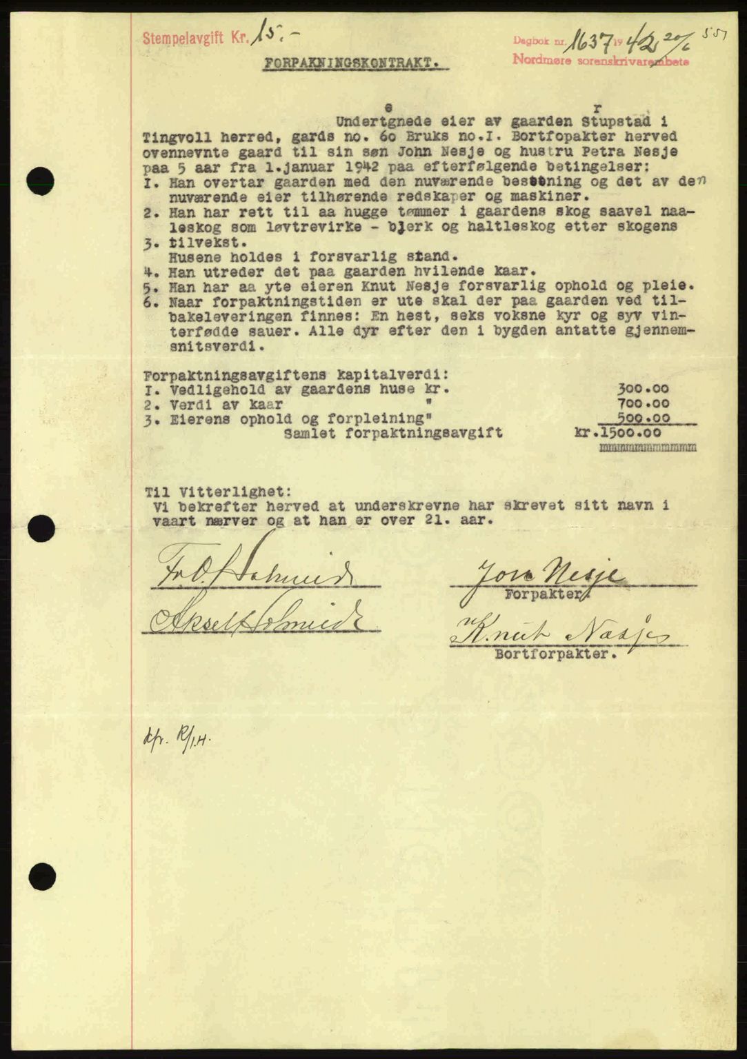 Nordmøre sorenskriveri, AV/SAT-A-4132/1/2/2Ca: Mortgage book no. B89, 1942-1942, Diary no: : 1637/1942