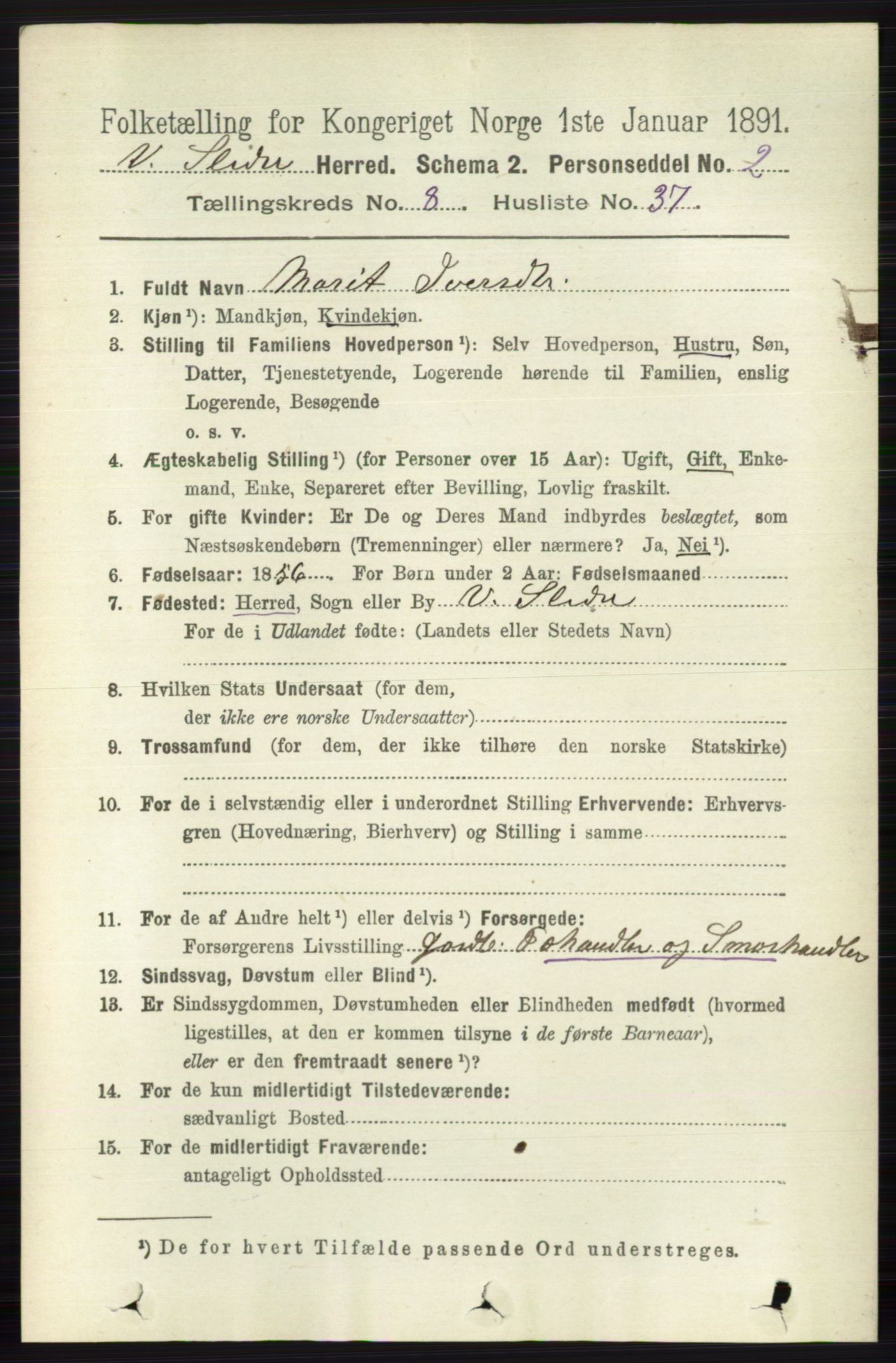 RA, 1891 census for 0543 Vestre Slidre, 1891, p. 3177